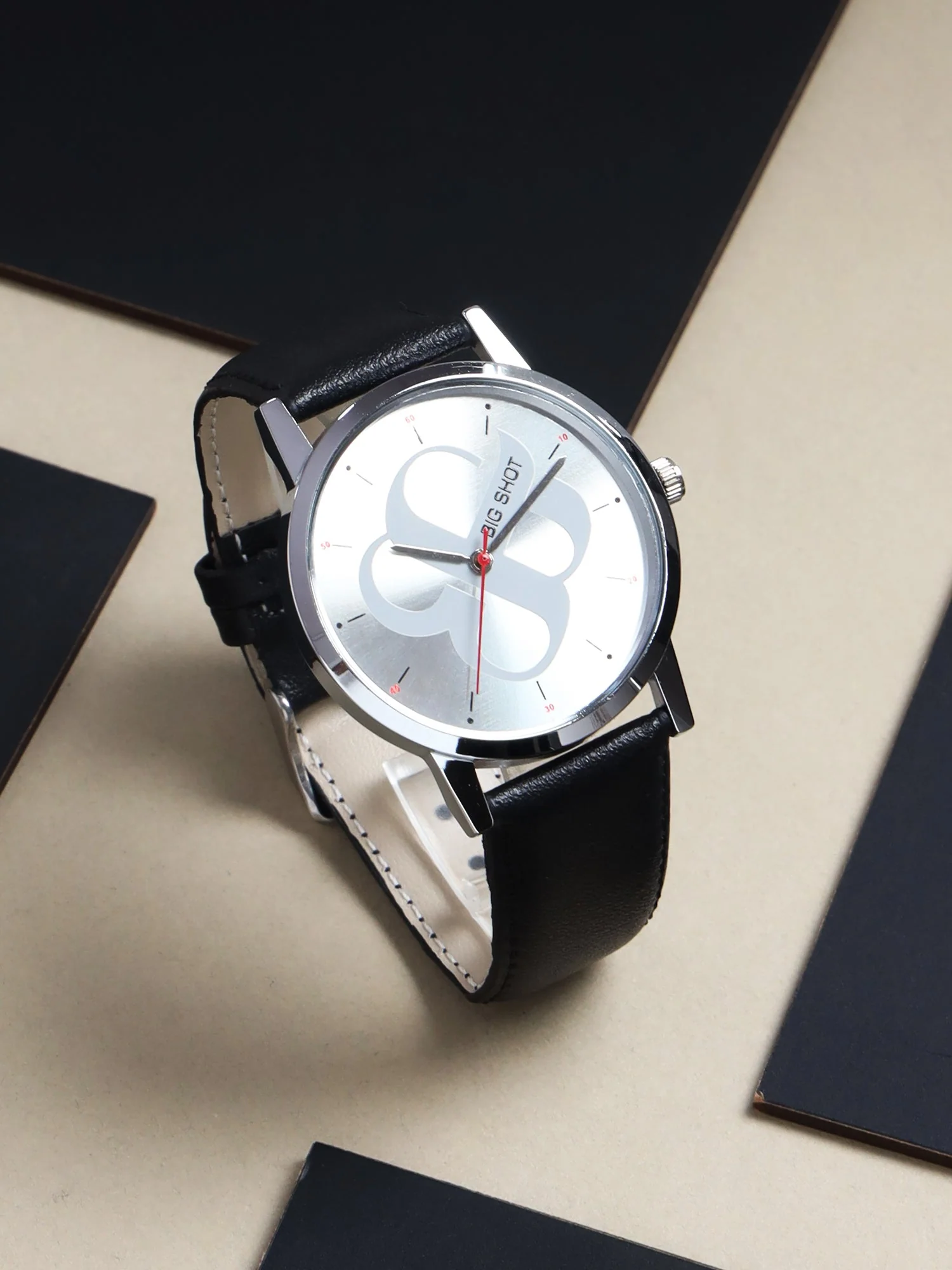 Men's Silver Black Leather Strap Watch BSM003C - Image 6