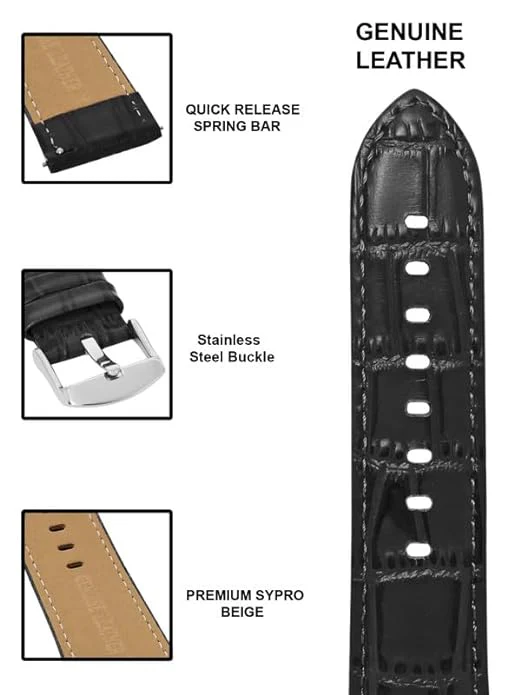 Quick Release 20 mm Black Croco Genuine Leather Strap for Analog & Smart Watches - Image 5