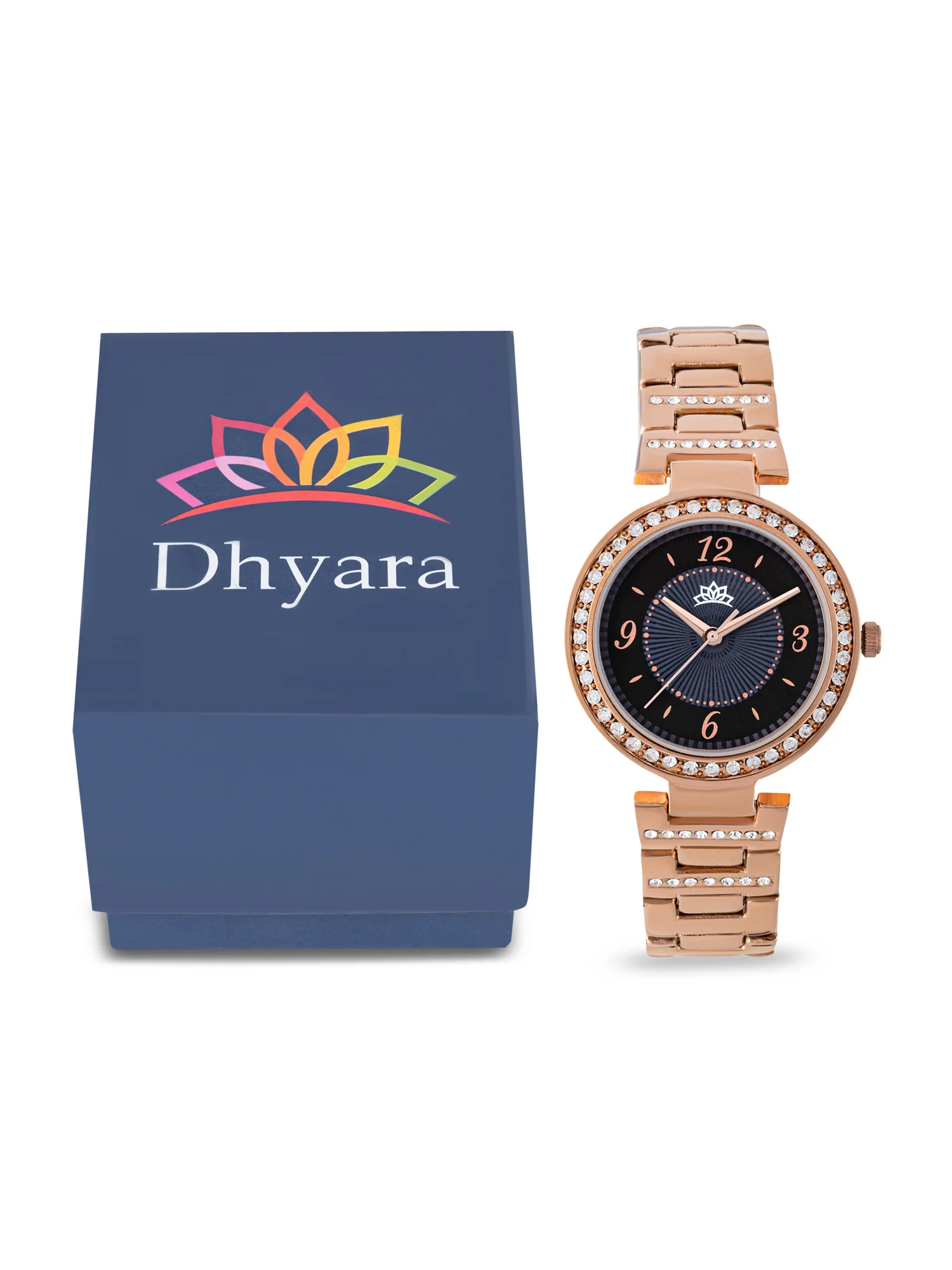 Dhyara Women’s Elegant Black Dial with Rose Gold Metal Strap & Crystal Bezel Watch - D004E - Image 6