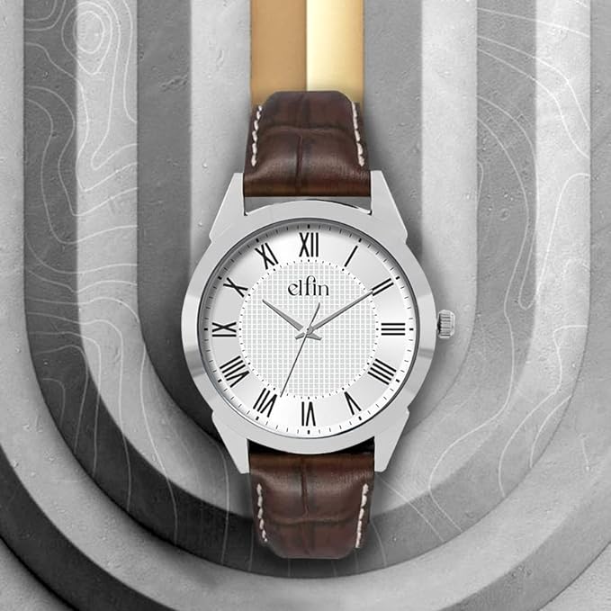 Silver Analog Brown Croco Leather Strap Watch for Men ELFM001B - Image 3