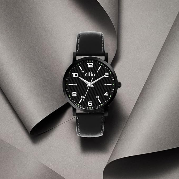 Sleek All Black Analog Black Leather Strap Watch for Men ELFM003B - Image 3