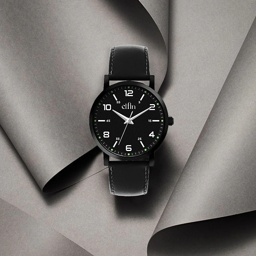Sleek All Black Analog Black Leather Strap Watch for Men ELFM003B - Image 6