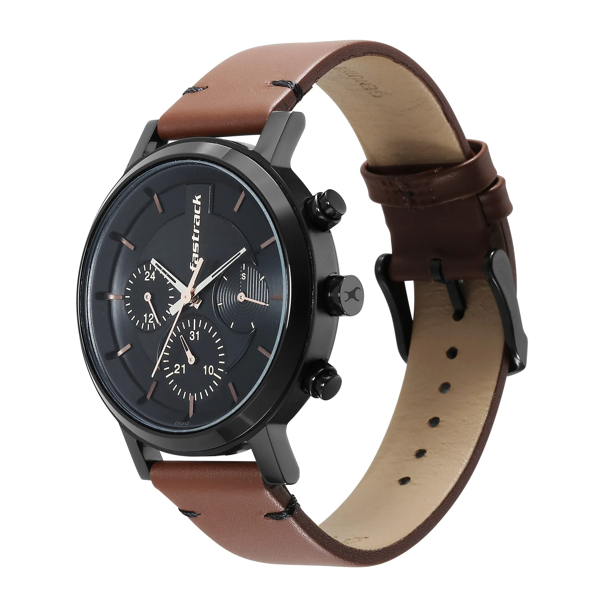 Black Dial Analog Watch for Men -3287NL01 Genuine Leather, Brown Strap - Image 2