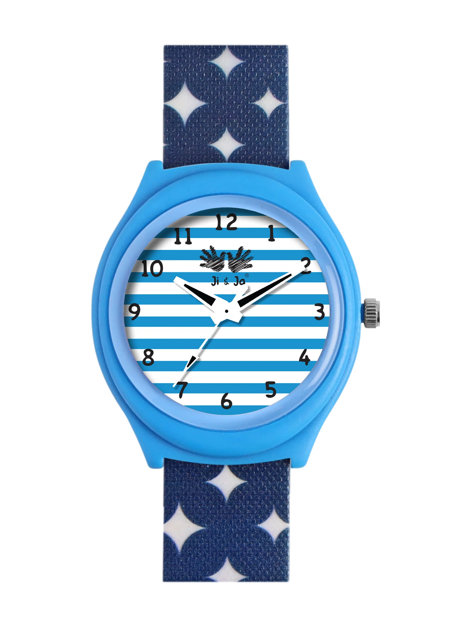 Kid’s White & Blue Striped Dial Analog Watch with Blue Case & Printed Silicone Strap - JJ230 - Image 2