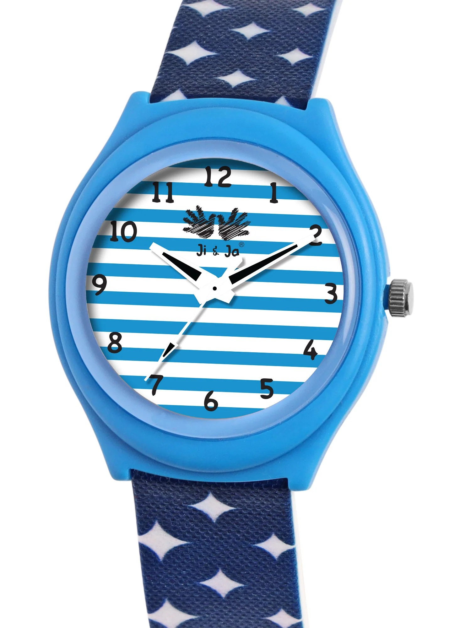 Kid’s White & Blue Striped Dial Analog Watch with Blue Case & Printed Silicone Strap - JJ230 - Image 3