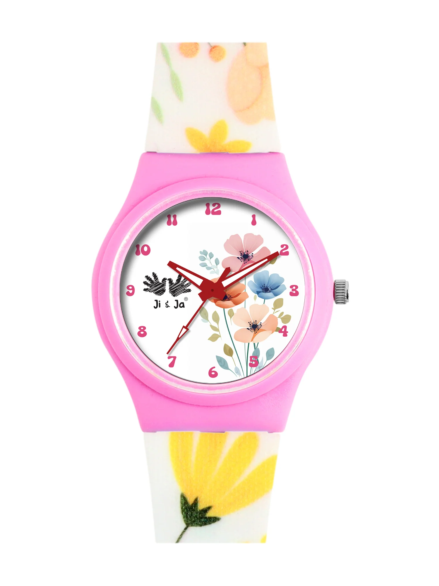 Kids’ White Dial Analog Watch with Floral Silicone Strap & Pink Case - JJ218 - Image 2