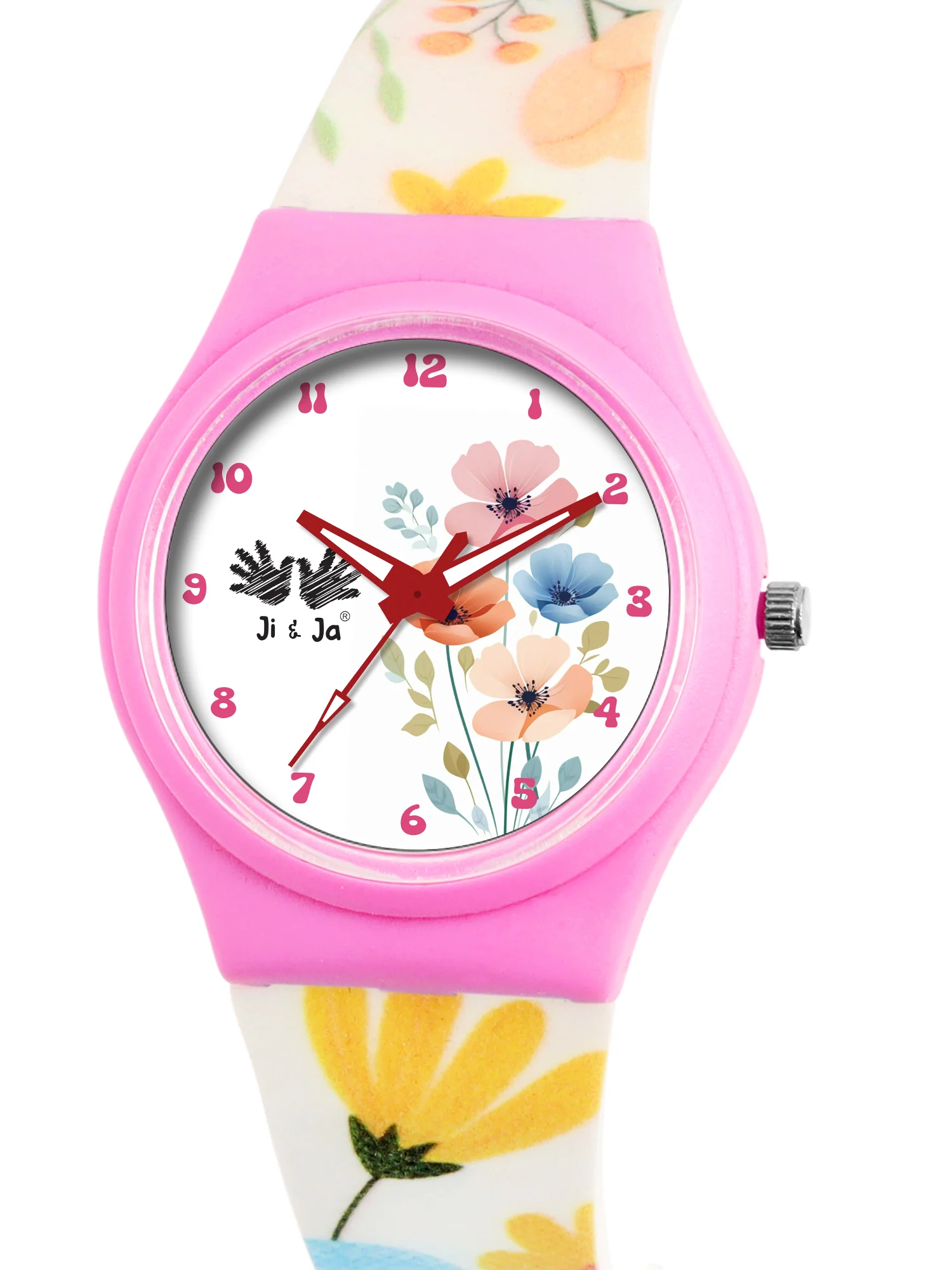 Kids’ White Dial Analog Watch with Floral Silicone Strap & Pink Case - JJ218 - Image 3