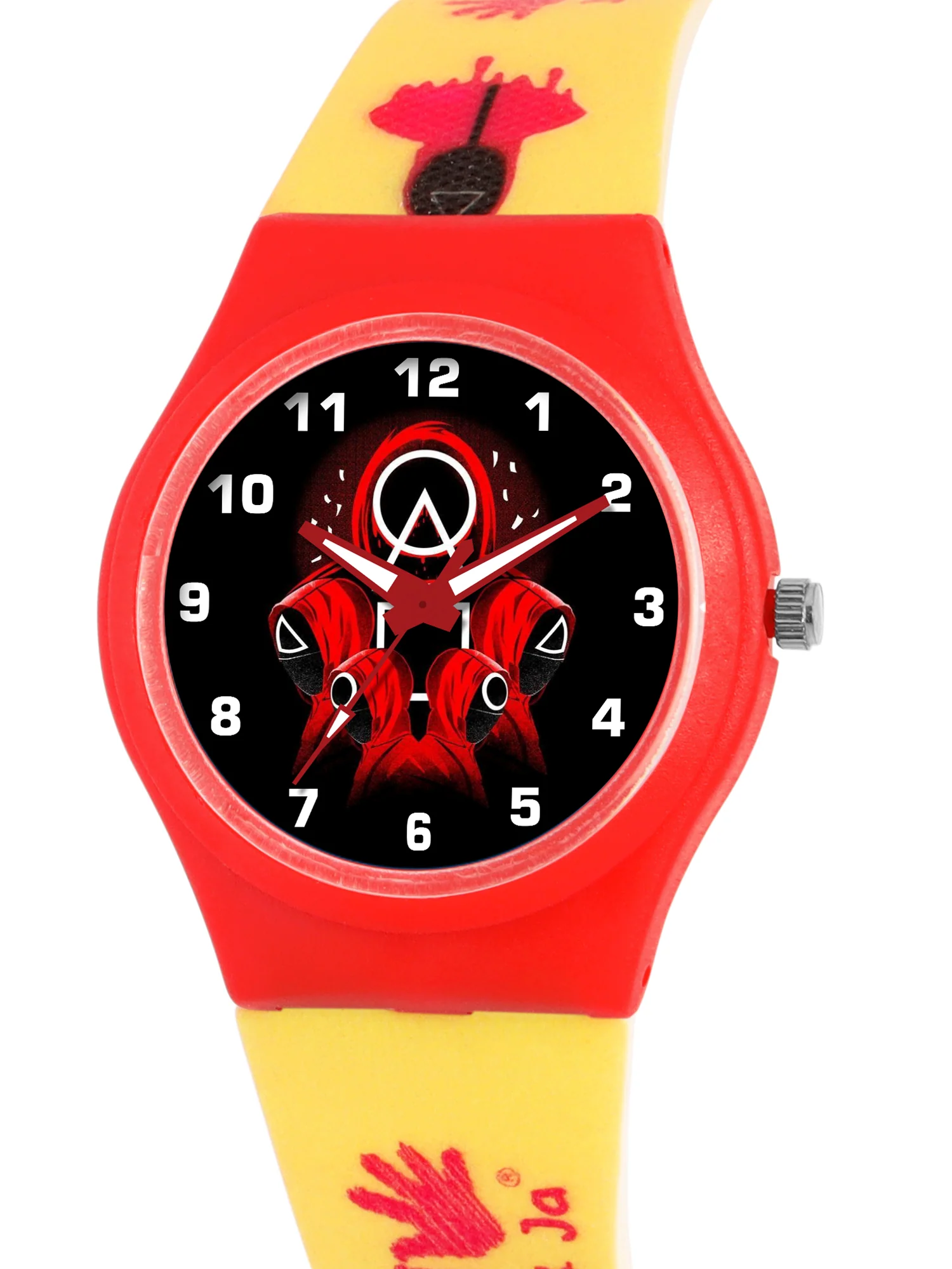 Kids’ Black Dial Analog Watch with Red Case and Yellow Printed Silicone Strap - JJ211 - Image 3