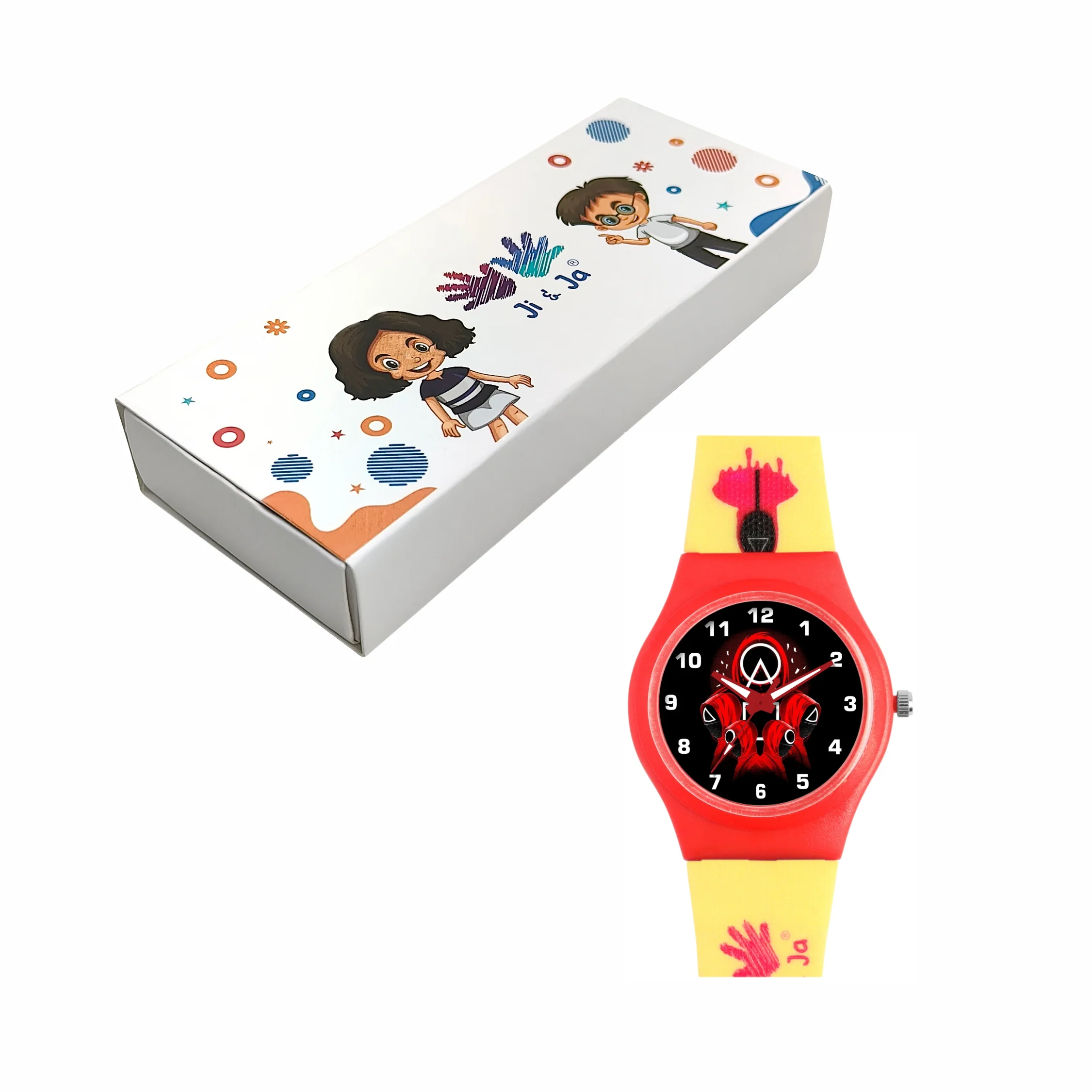 Kids’ Black Dial Analog Watch with Red Case and Yellow Printed Silicone Strap - JJ211 - Image 6