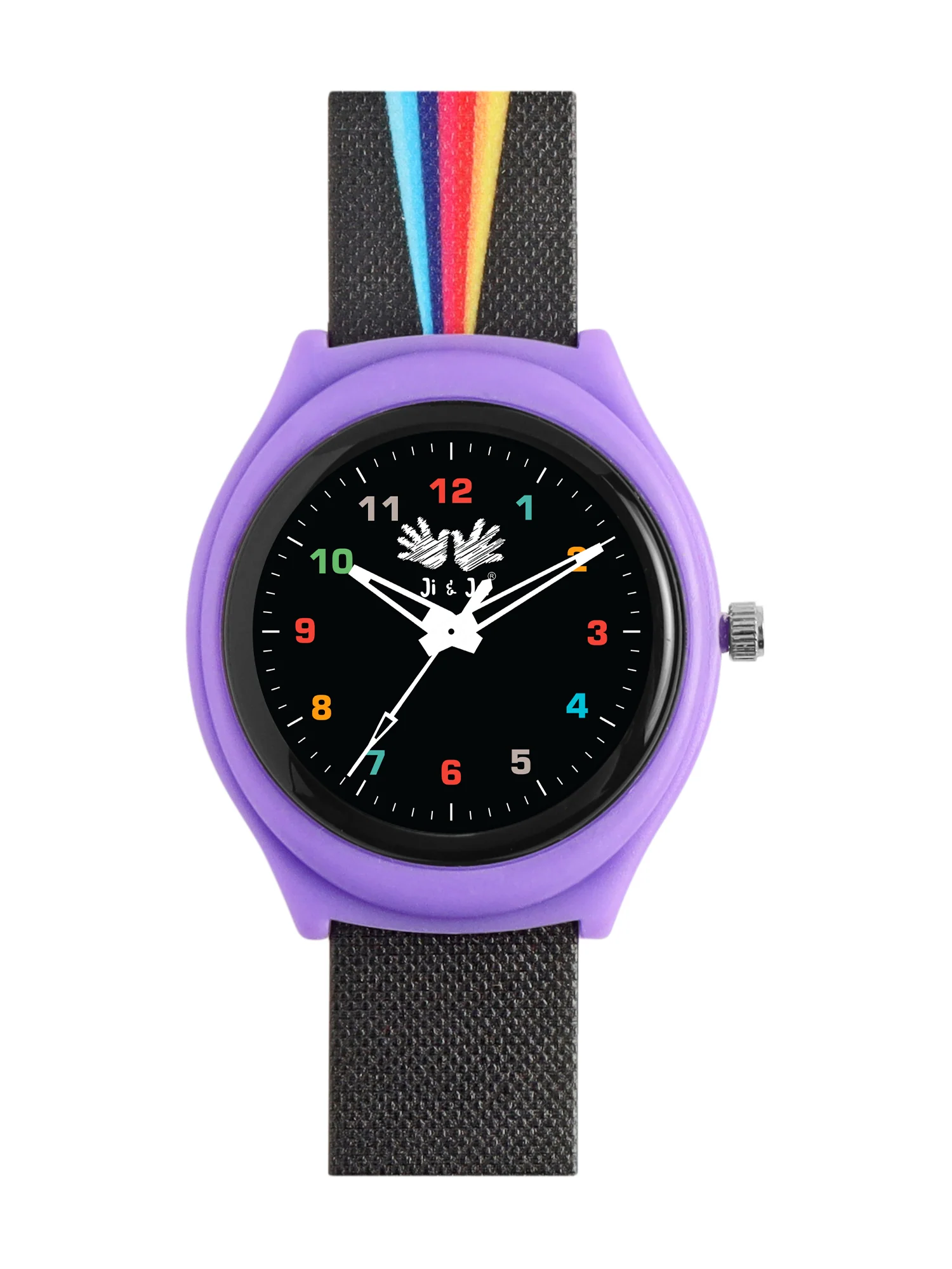 Kids’ Purple Analog Watch with Black Dial & Rainbow Stripe Strap - JJ242 - Image 2