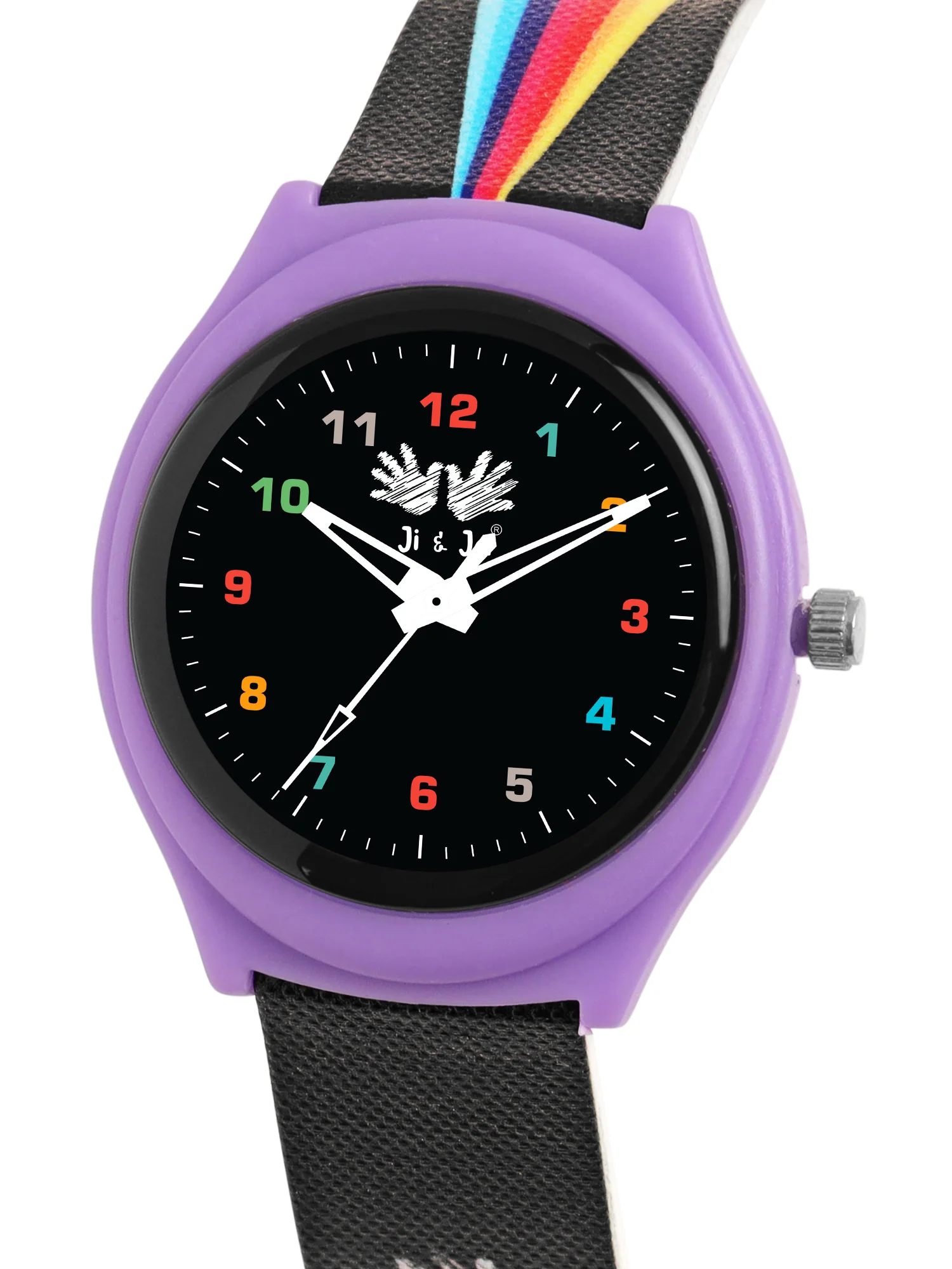 Kids’ Purple Analog Watch with Black Dial & Rainbow Stripe Strap - JJ242 - Image 3