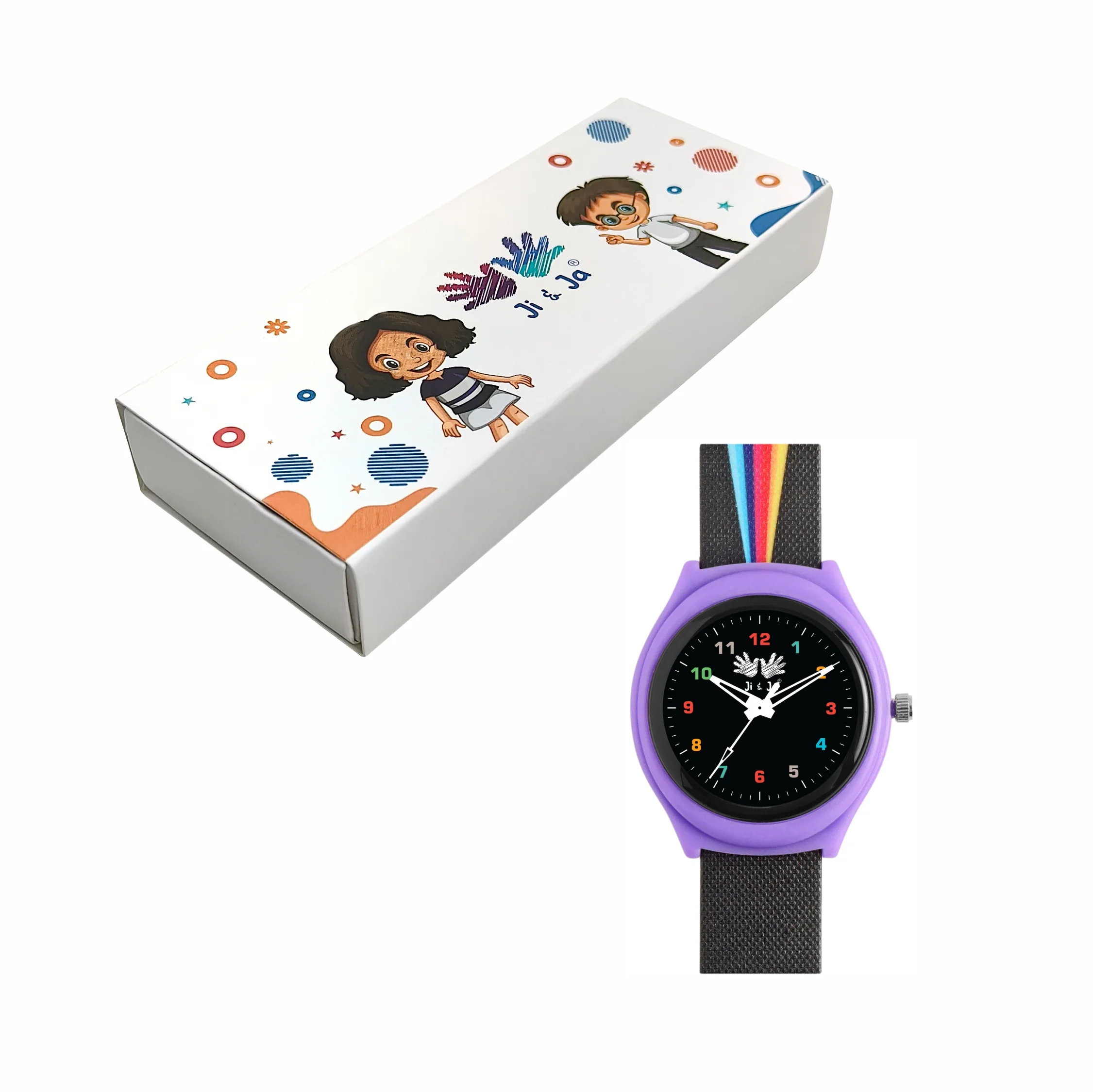 Kids’ Purple Analog Watch with Black Dial & Rainbow Stripe Strap - JJ242 - Image 6