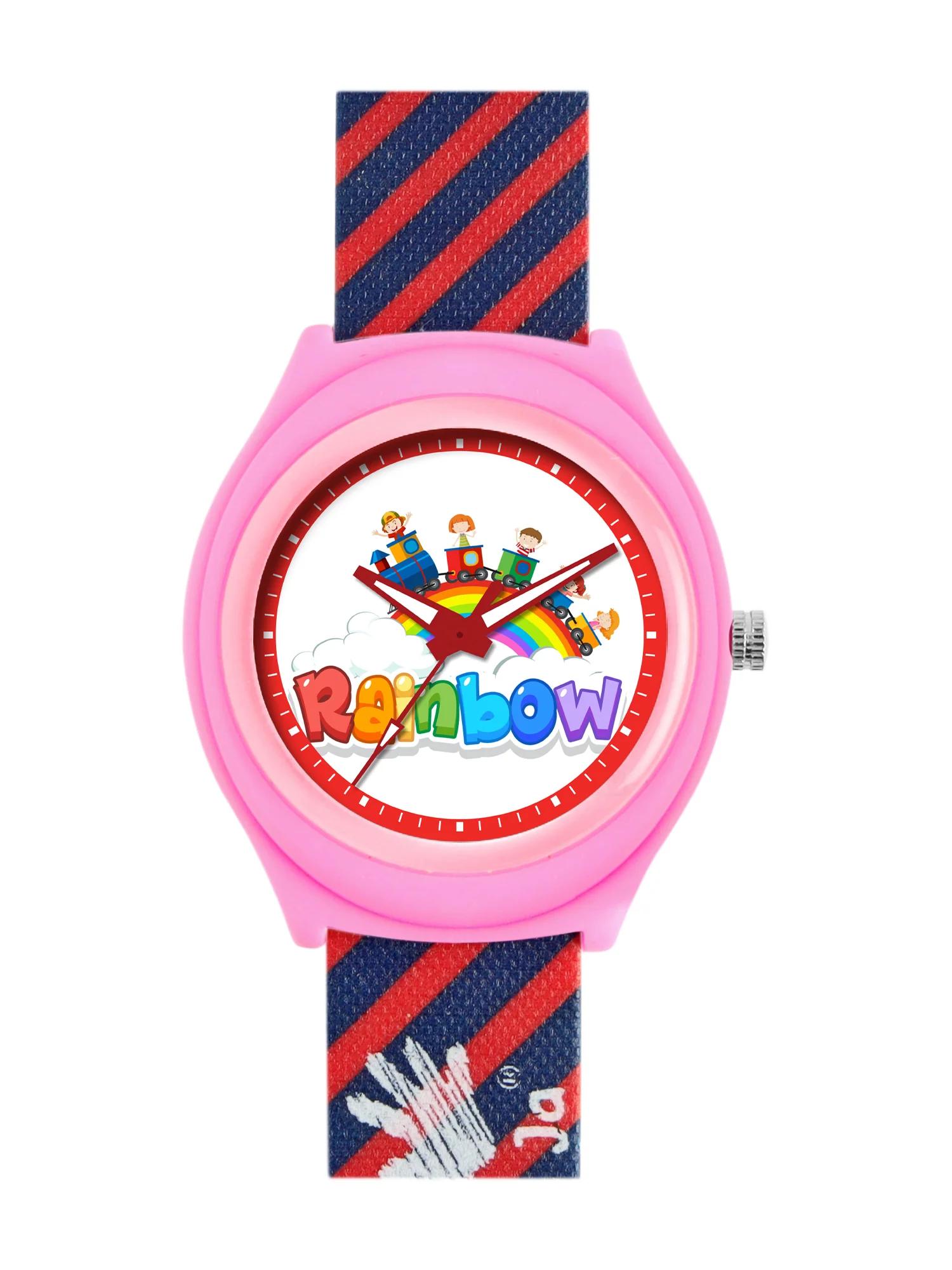 Kids’ Rainbow Theme Analog Watch with Pink Case and Striped Strap - JJ226 - Image 2
