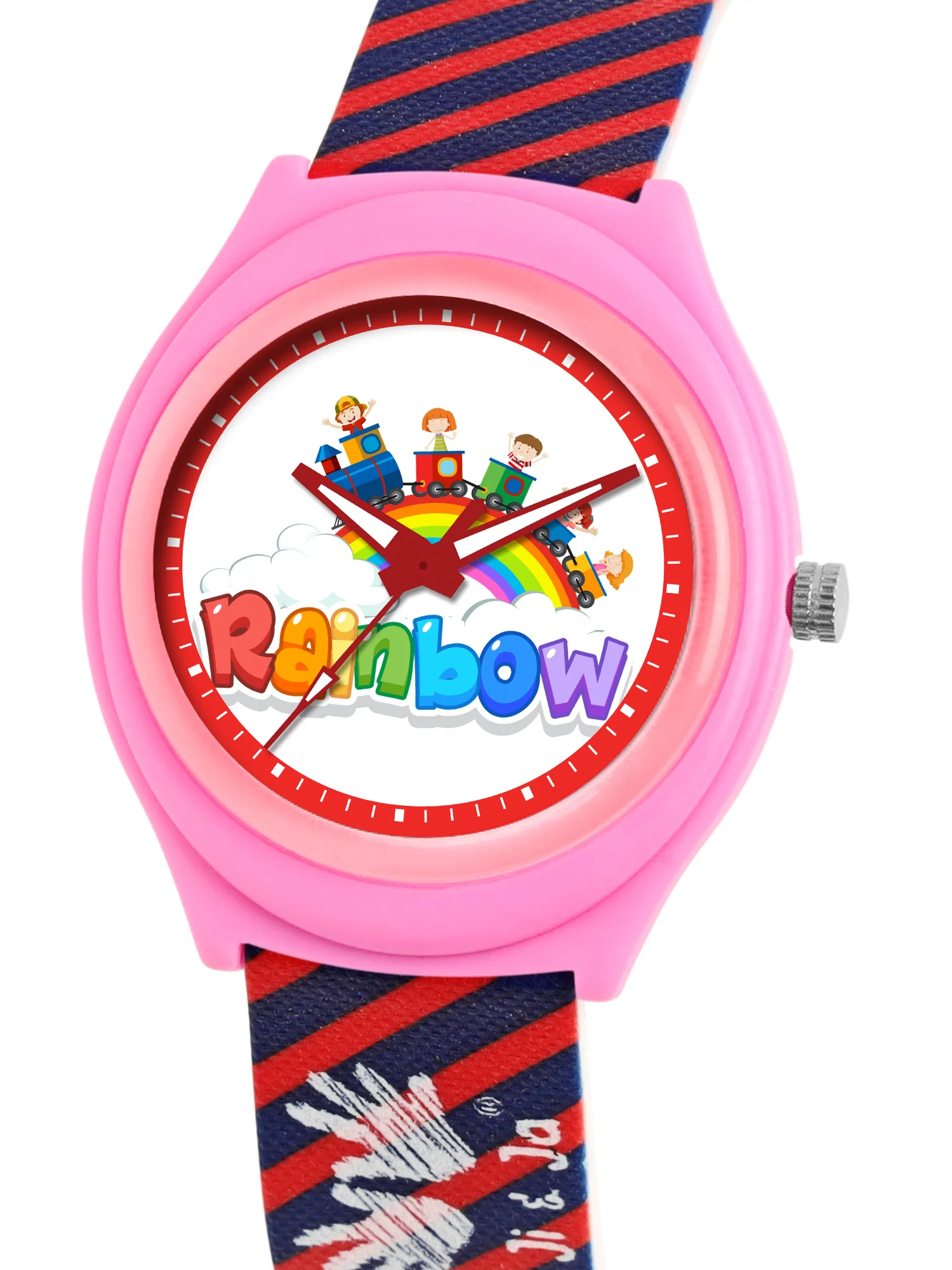 Kids’ Rainbow Theme Analog Watch with Pink Case and Striped Strap - JJ226 - Image 4