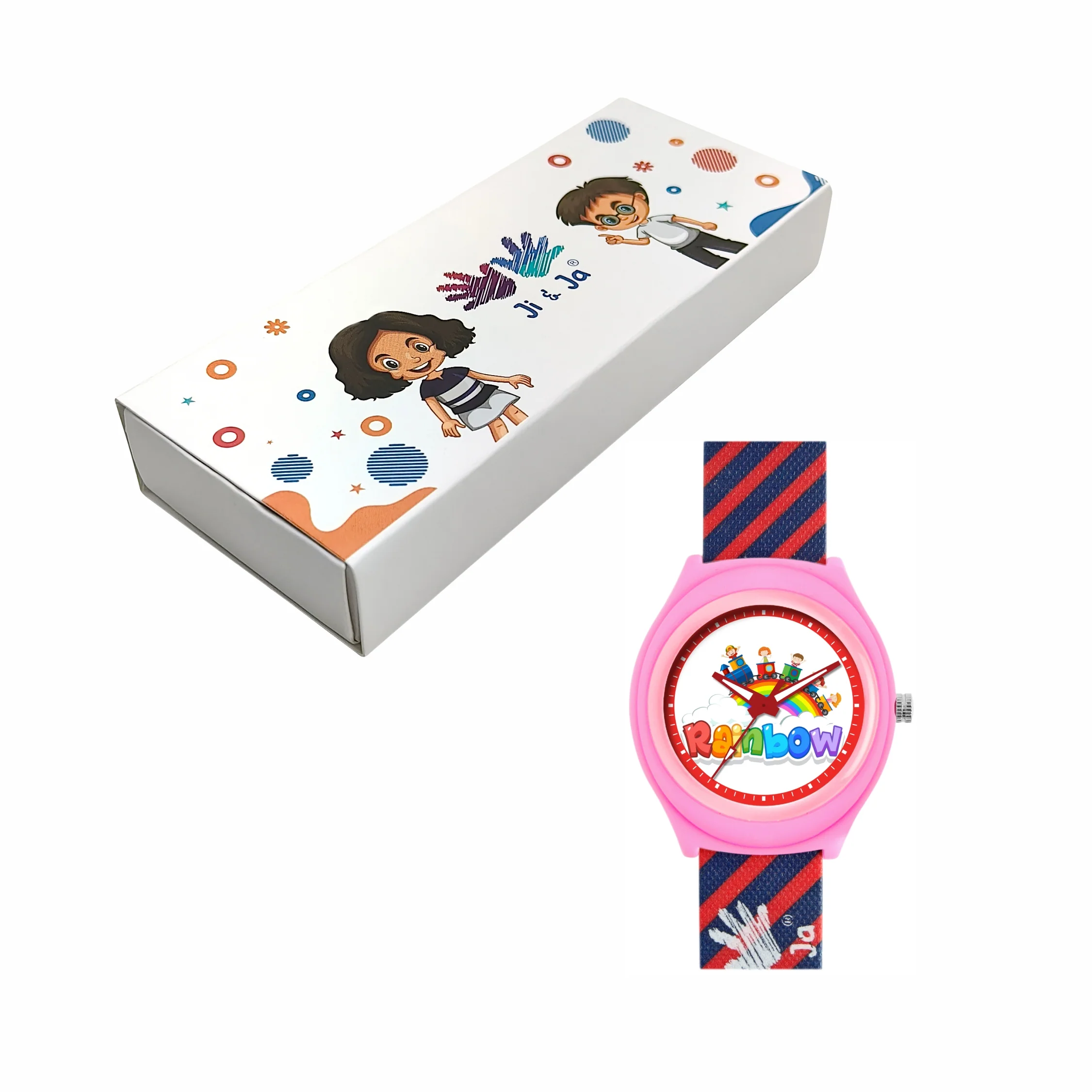 Kids’ Rainbow Theme Analog Watch with Pink Case and Striped Strap - JJ226 - Image 7
