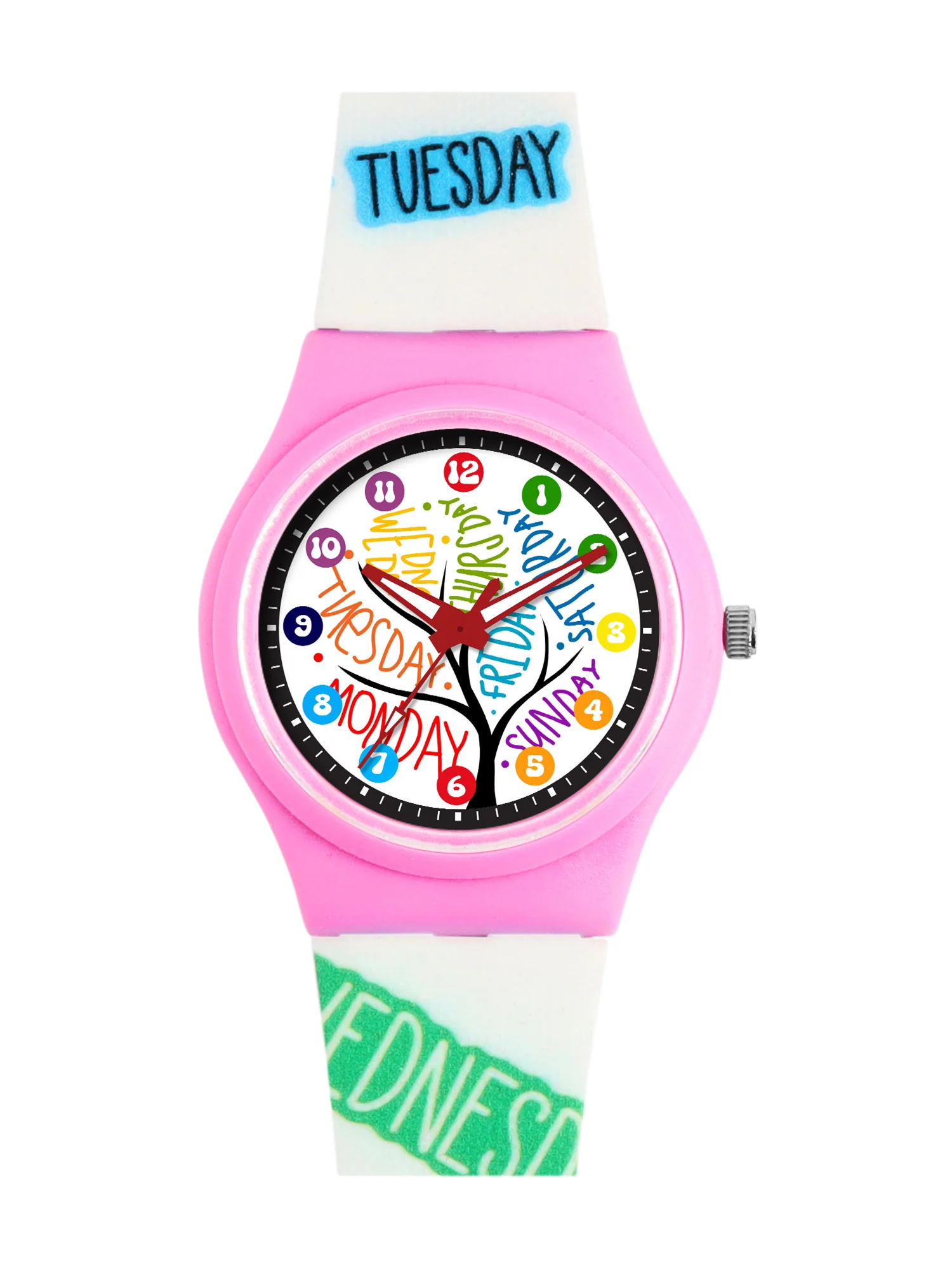 Kids’ White Dial Analog Watch with Days of the Week Silicone Strap & Pink Case - JJ221 - Image 2