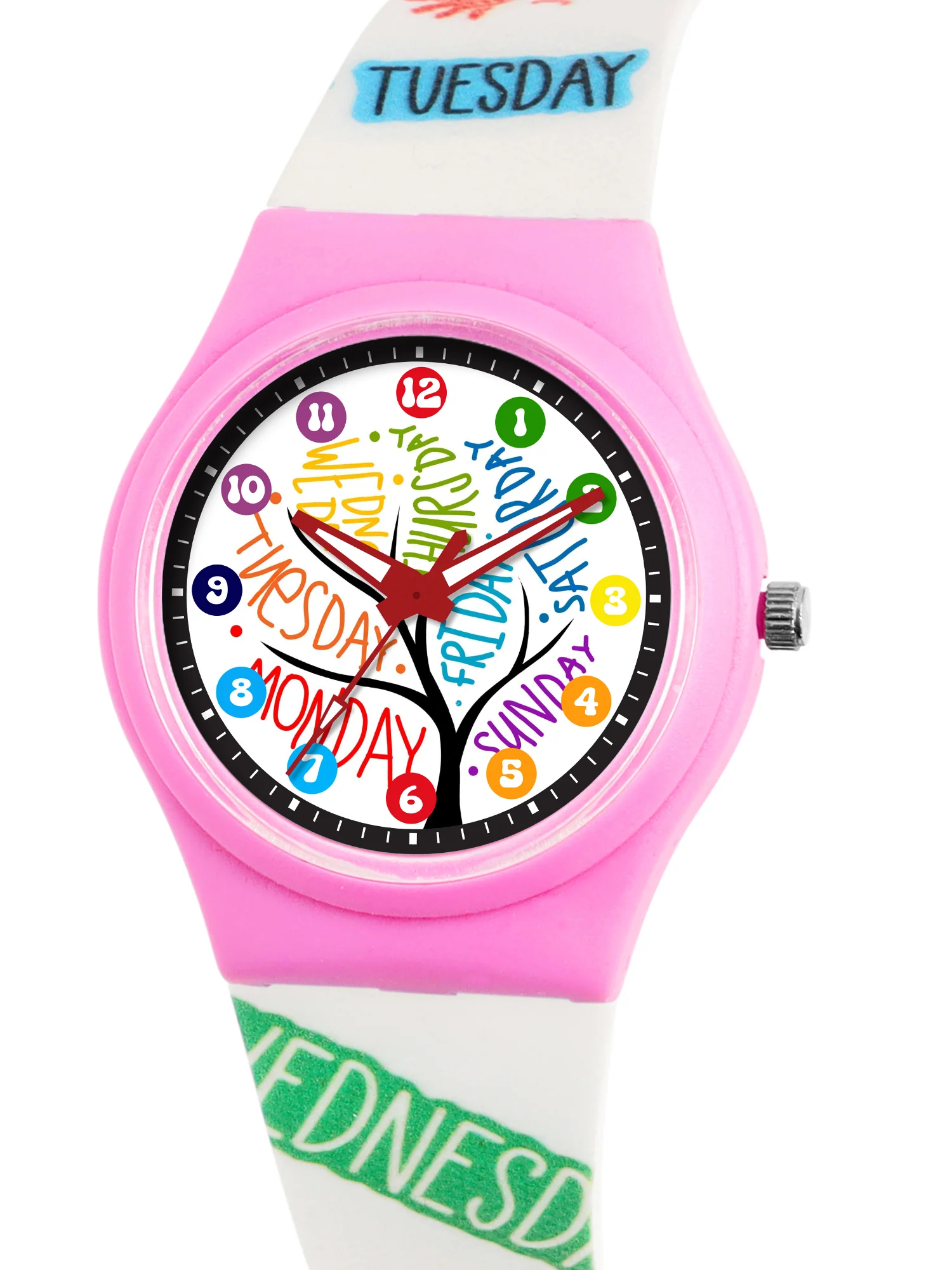 Kids’ White Dial Analog Watch with Days of the Week Silicone Strap & Pink Case - JJ221 - Image 3