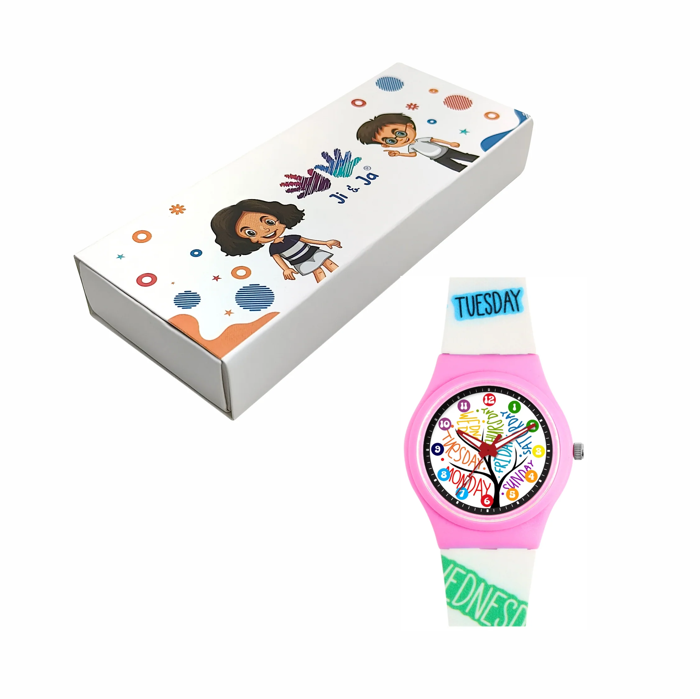 Kids’ White Dial Analog Watch with Days of the Week Silicone Strap & Pink Case - JJ221 - Image 6