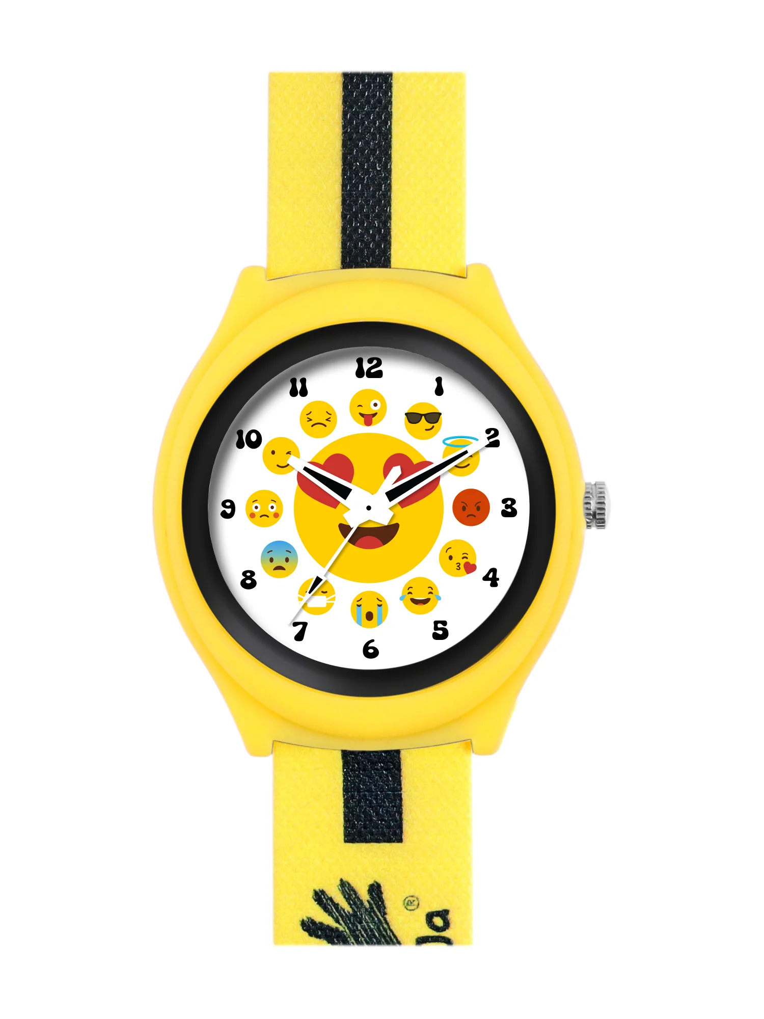 Kids’ White Dial Analog Watch with Emoji Print Silicone Strap & Yellow Case - JJ222 - Image 2