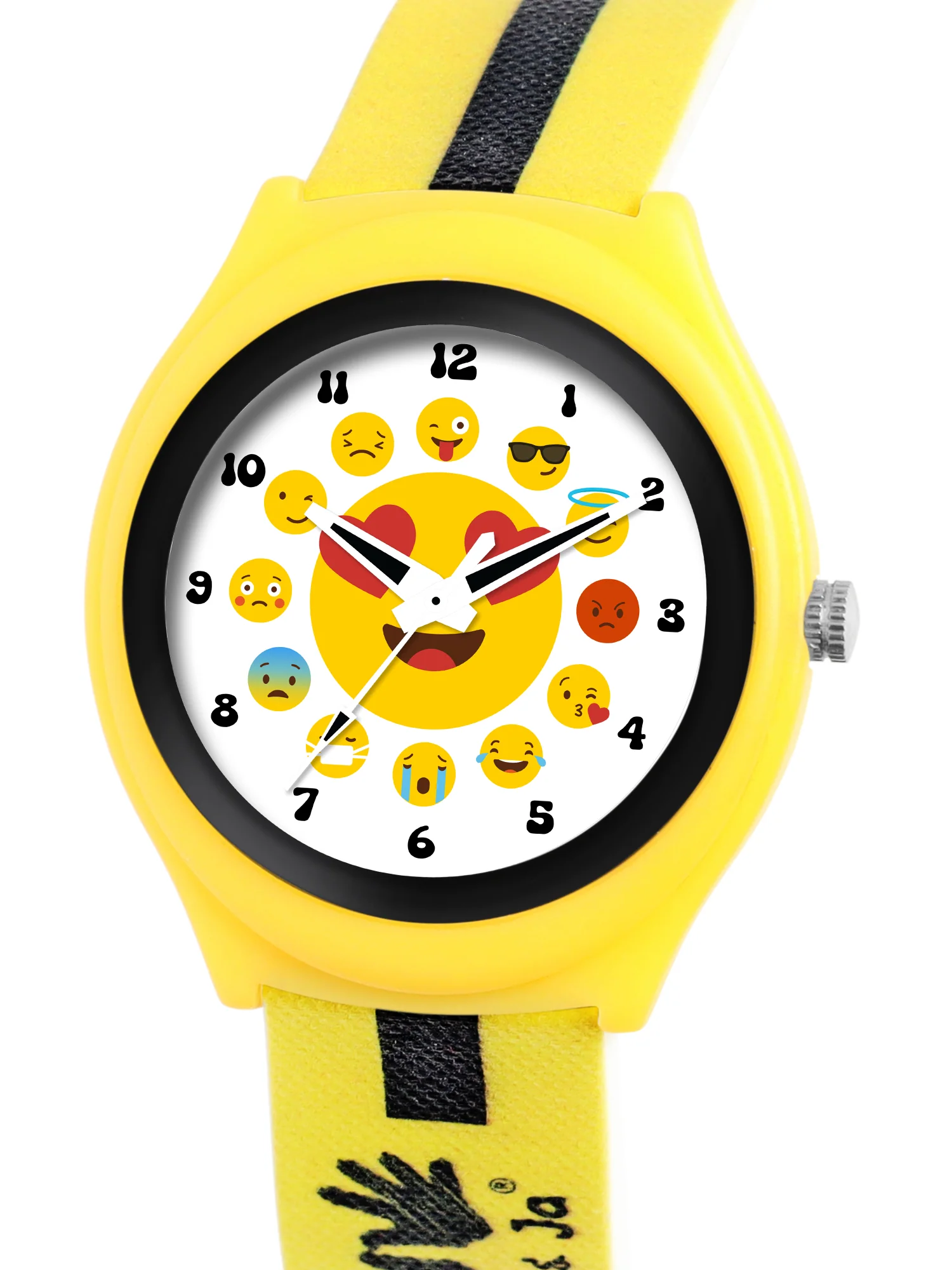 Kids’ White Dial Analog Watch with Emoji Print Silicone Strap & Yellow Case - JJ222 - Image 3