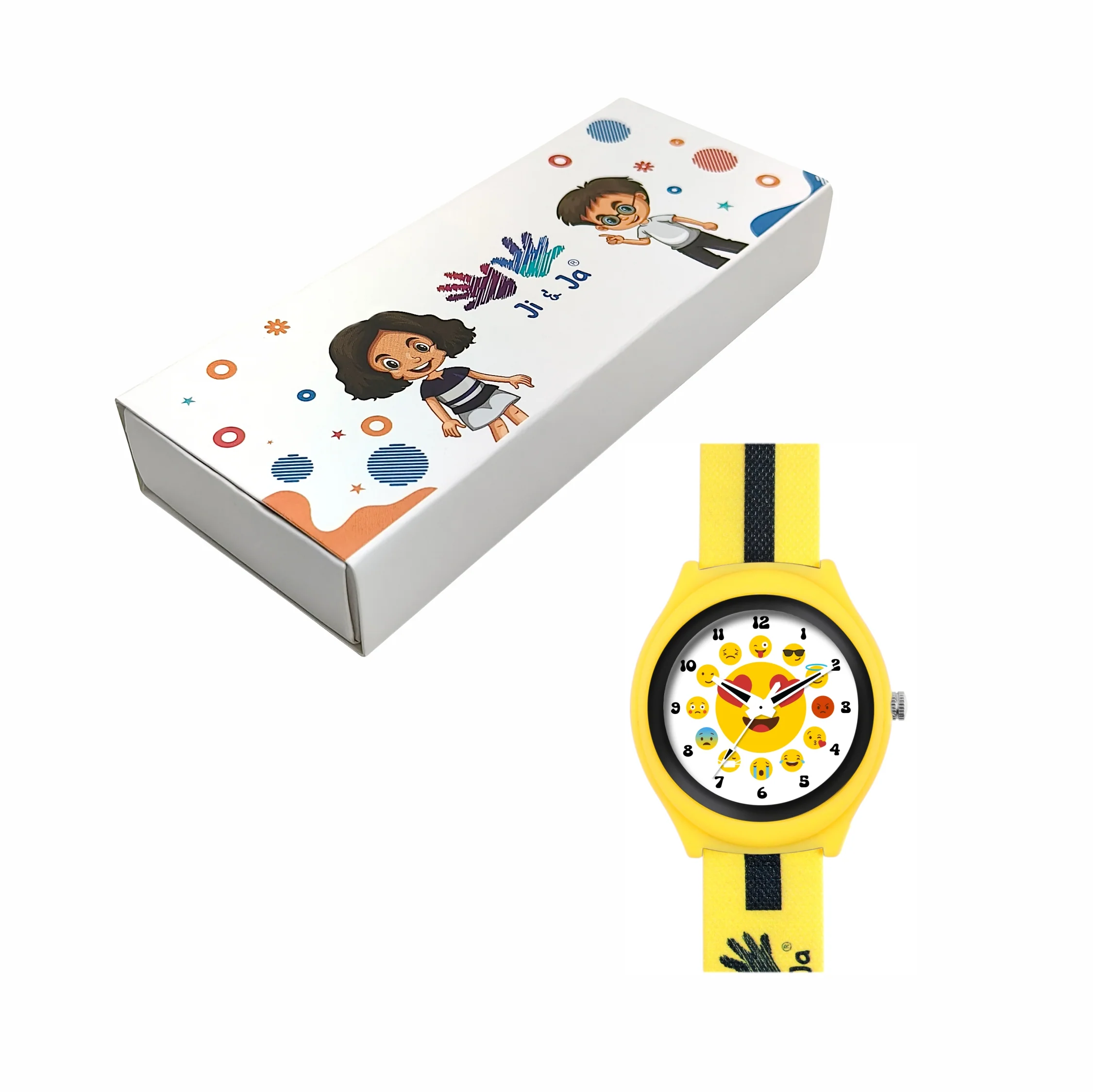 Kids’ White Dial Analog Watch with Emoji Print Silicone Strap & Yellow Case - JJ222 - Image 6