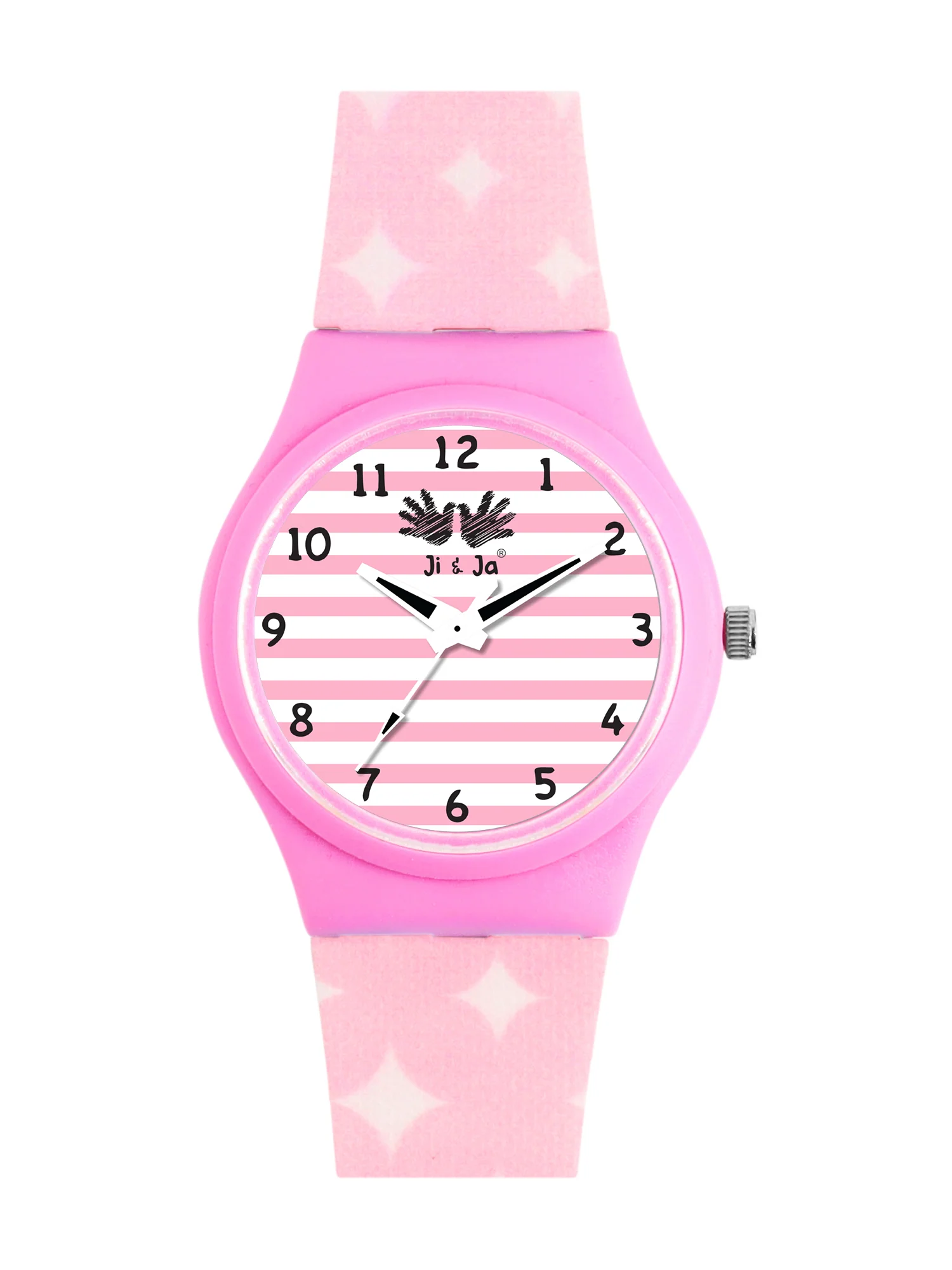 Kids’ White & Pink Striped Dial Analog Watch with Pink Case & Patterned Strap - JJ240 - Image 2