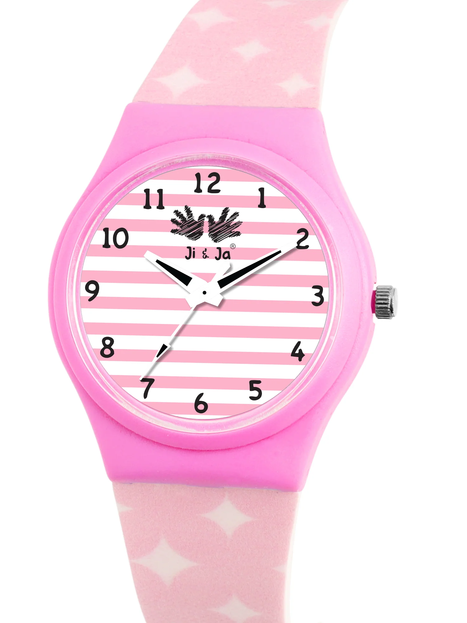 Kids’ White & Pink Striped Dial Analog Watch with Pink Case & Patterned Strap - JJ240 - Image 3