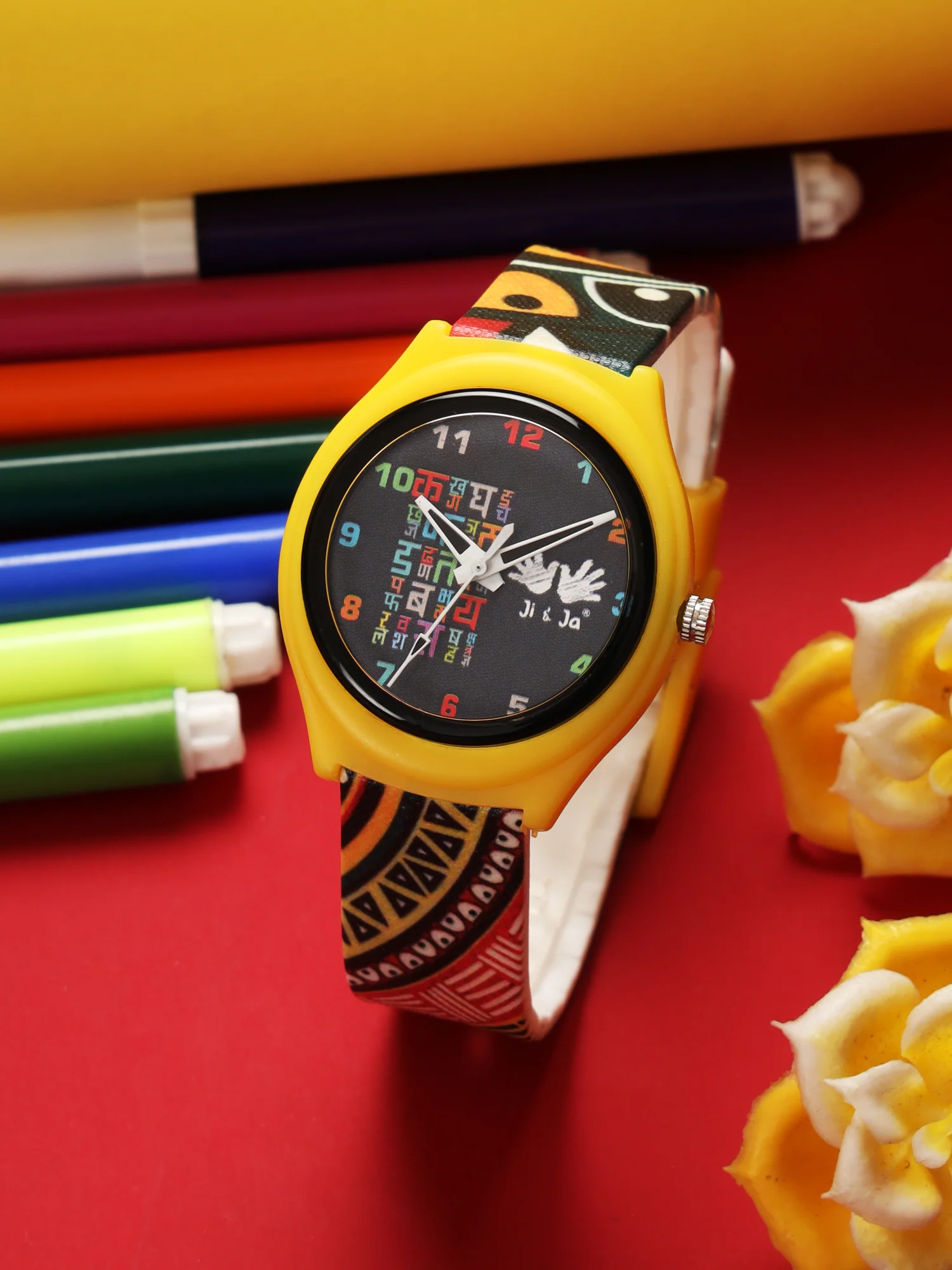 Kids’ Yellow Hindi Alphabet Theme Analog Watch with Colorful Silicone Strap - JJ214