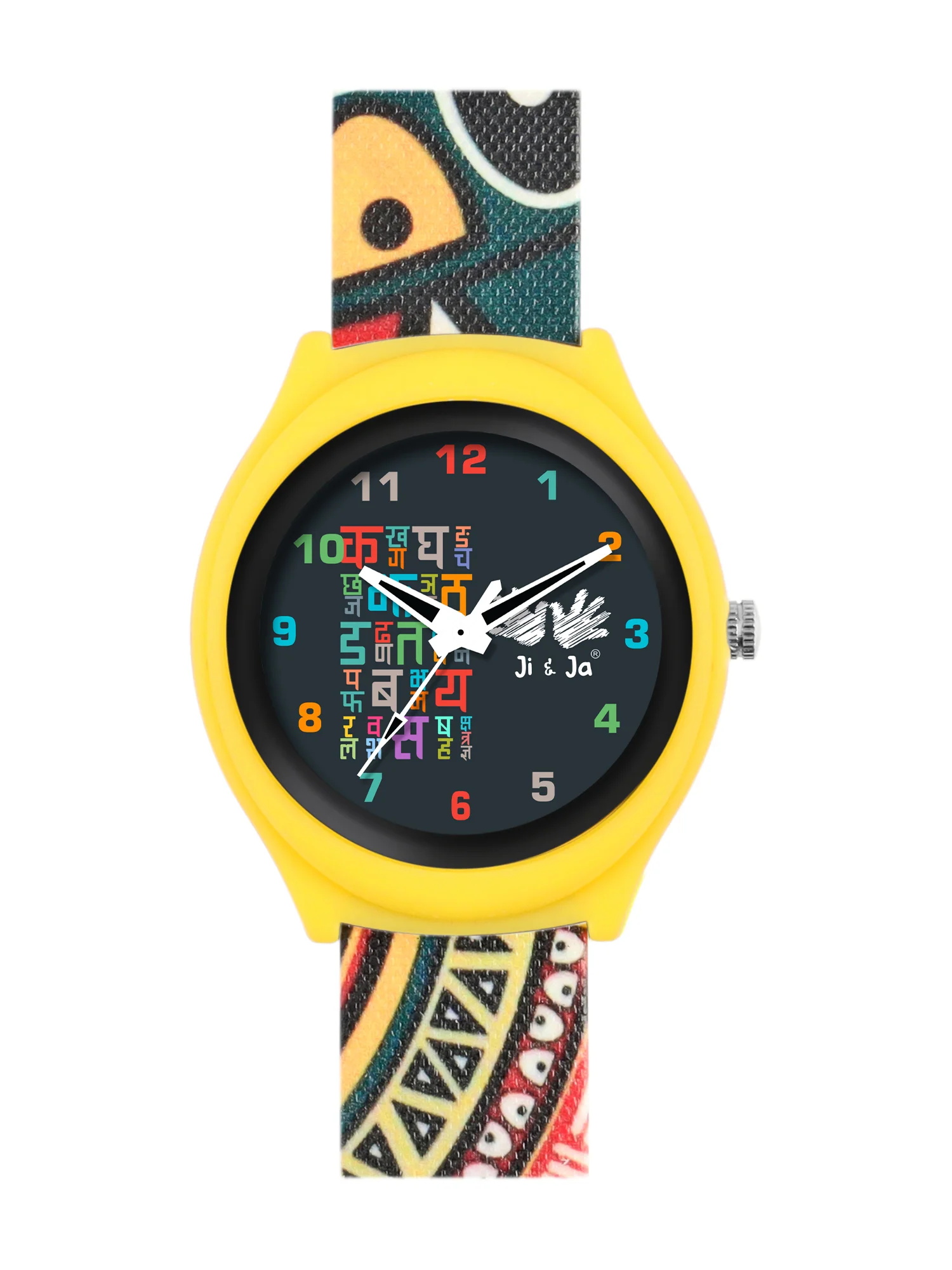 Kids’ Yellow Hindi Alphabet Theme Analog Watch with Colorful Silicone Strap - JJ214 - Image 2