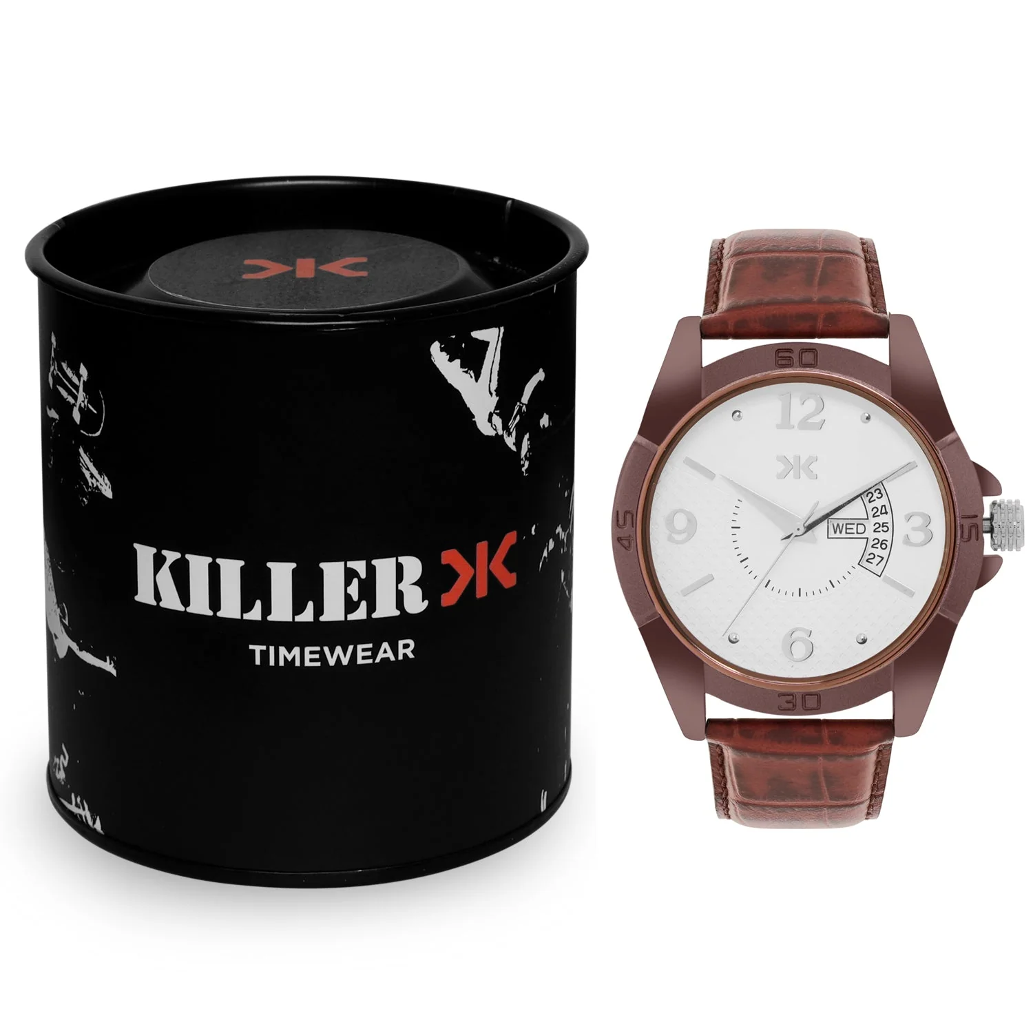 Men's Brown Croco Leather Strap Day-Date Watch KLM101A - Image 5