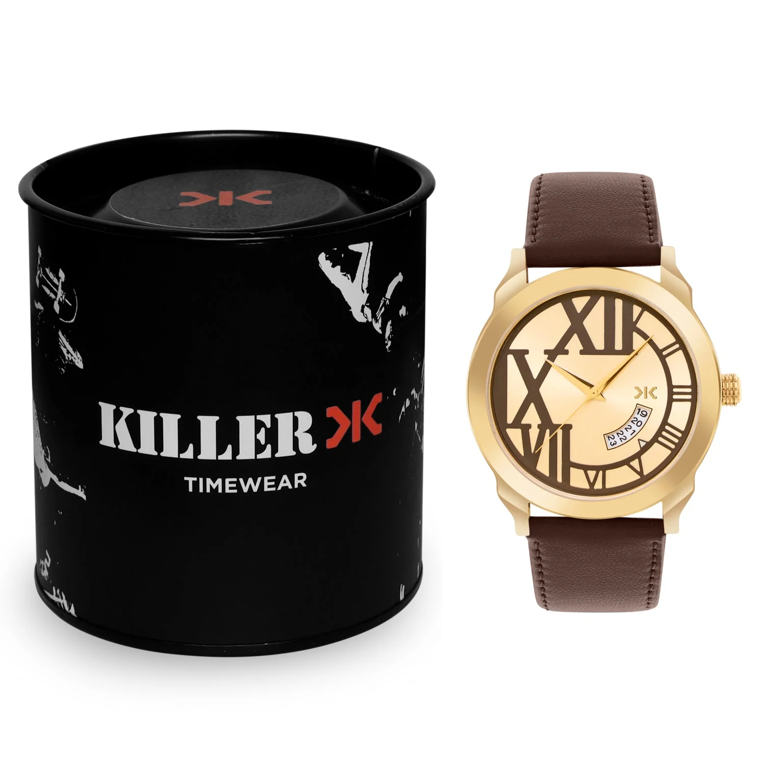 Men's Gold Brown Leather Strap Date Watch KLMO80I - Image 5