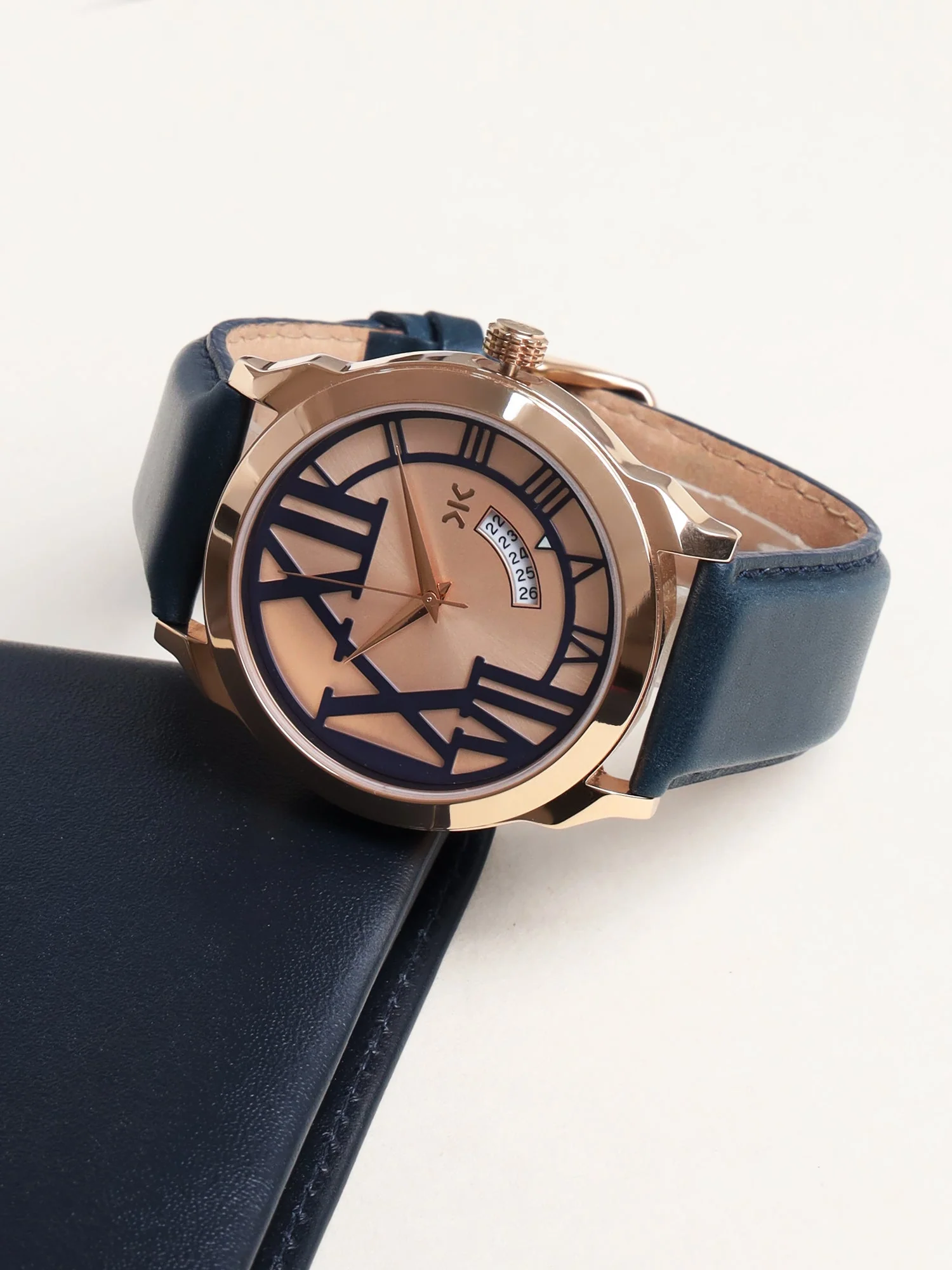 Men's Rose Gold Blue Leather Strap Date Watch KLMO80G - Image 5