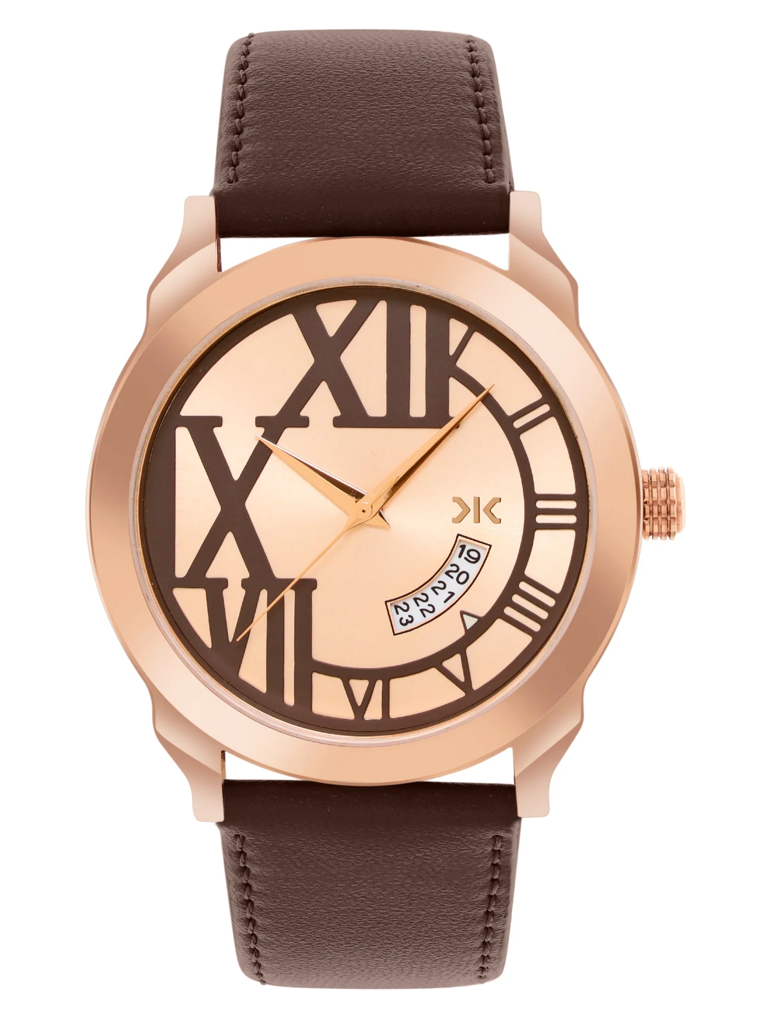Men's Rose Gold Brown Leather Strap Date Watch KLMO80F