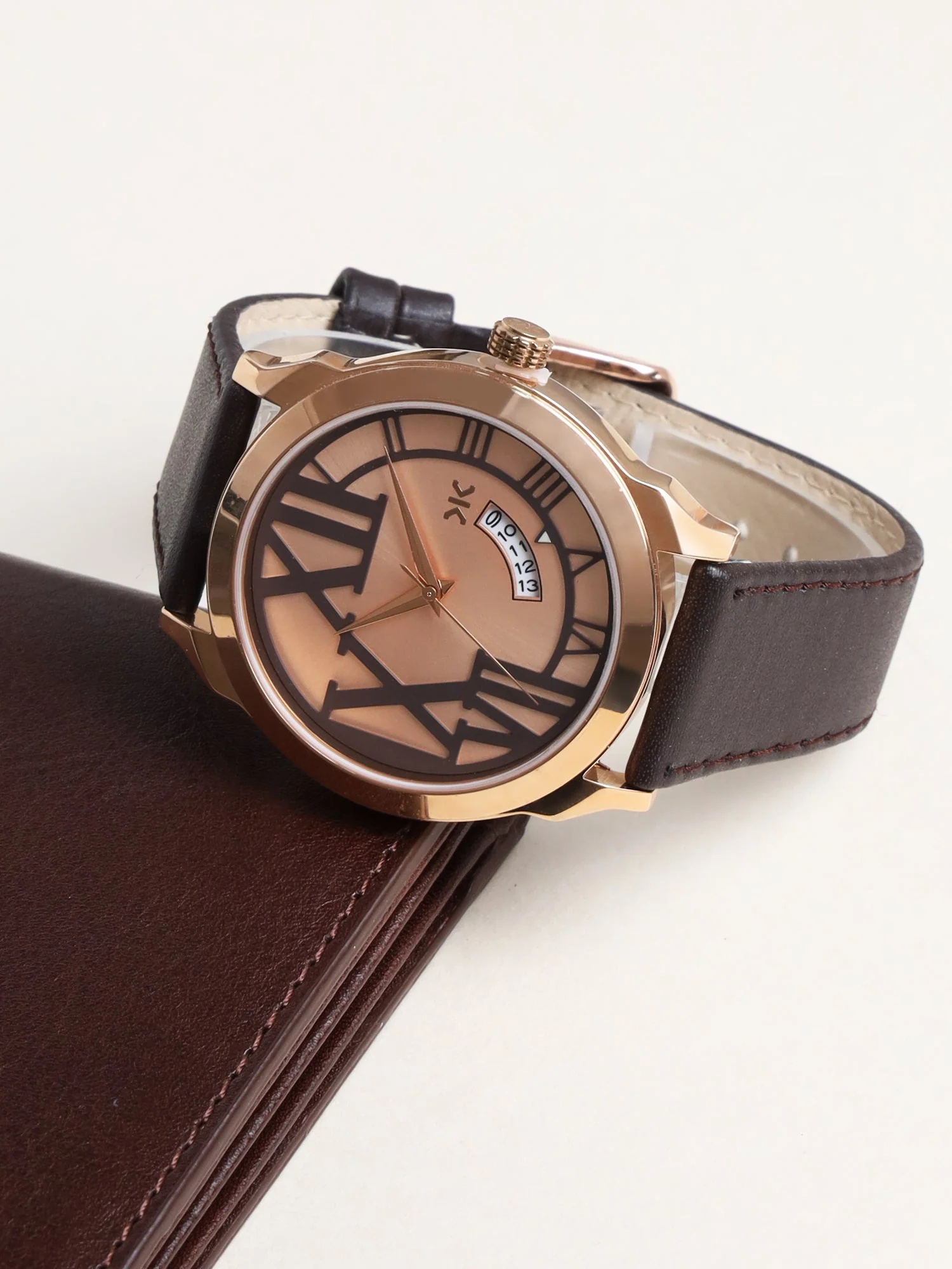Men's Rose Gold Brown Leather Strap Date Watch KLMO80F - Image 2