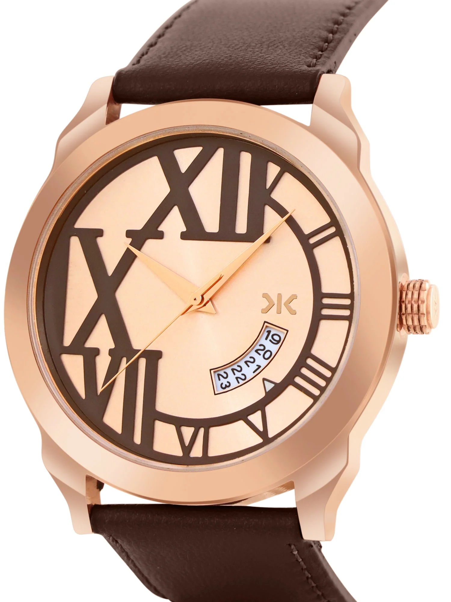 Men's Rose Gold Brown Leather Strap Date Watch KLMO80F - Image 3