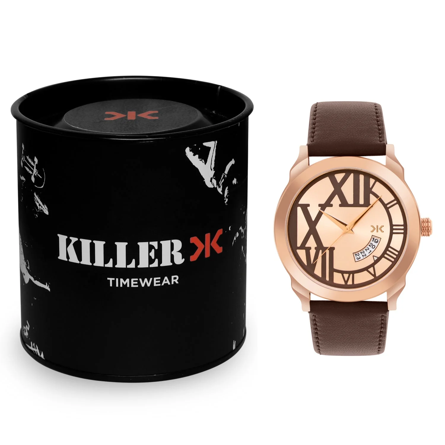 Men's Rose Gold Brown Leather Strap Date Watch KLMO80F - Image 4