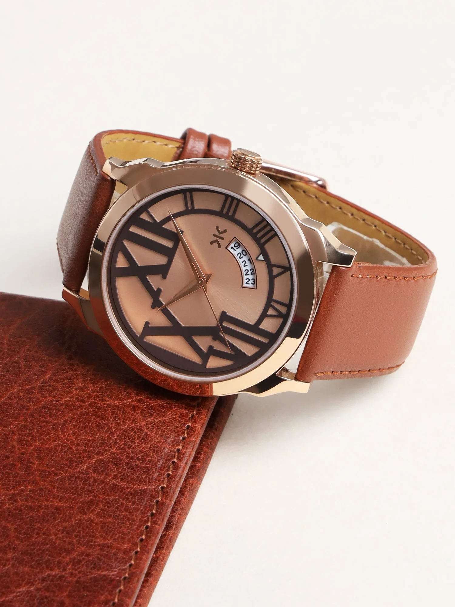 Men's Rose Gold Brown Leather Strap Date Watch KLMO80H - Image 6