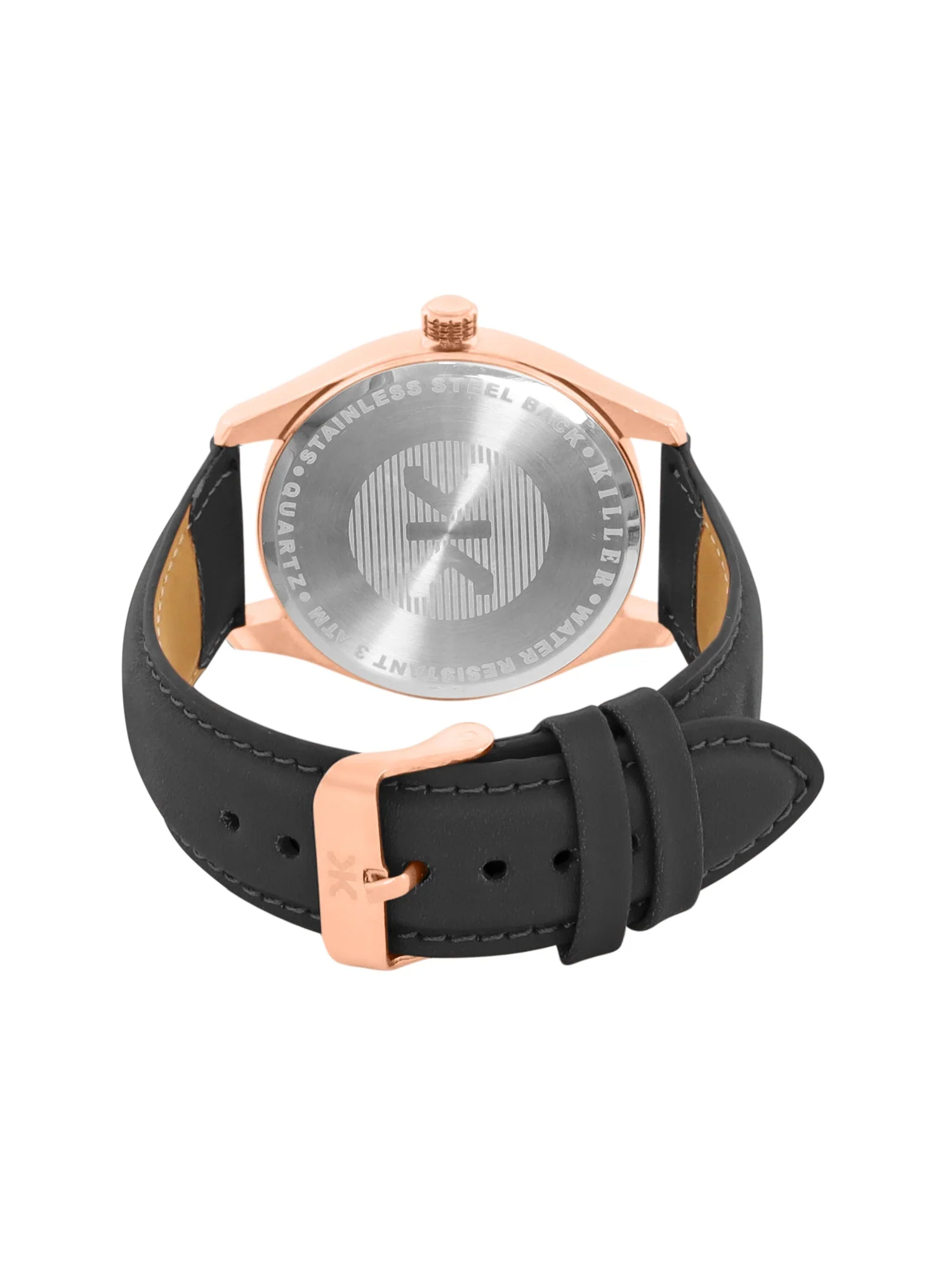 Men's Rose Gold Case, Black Skeleton Dial, Black Leather Strap, Date Watch KLMO103B - Image 3