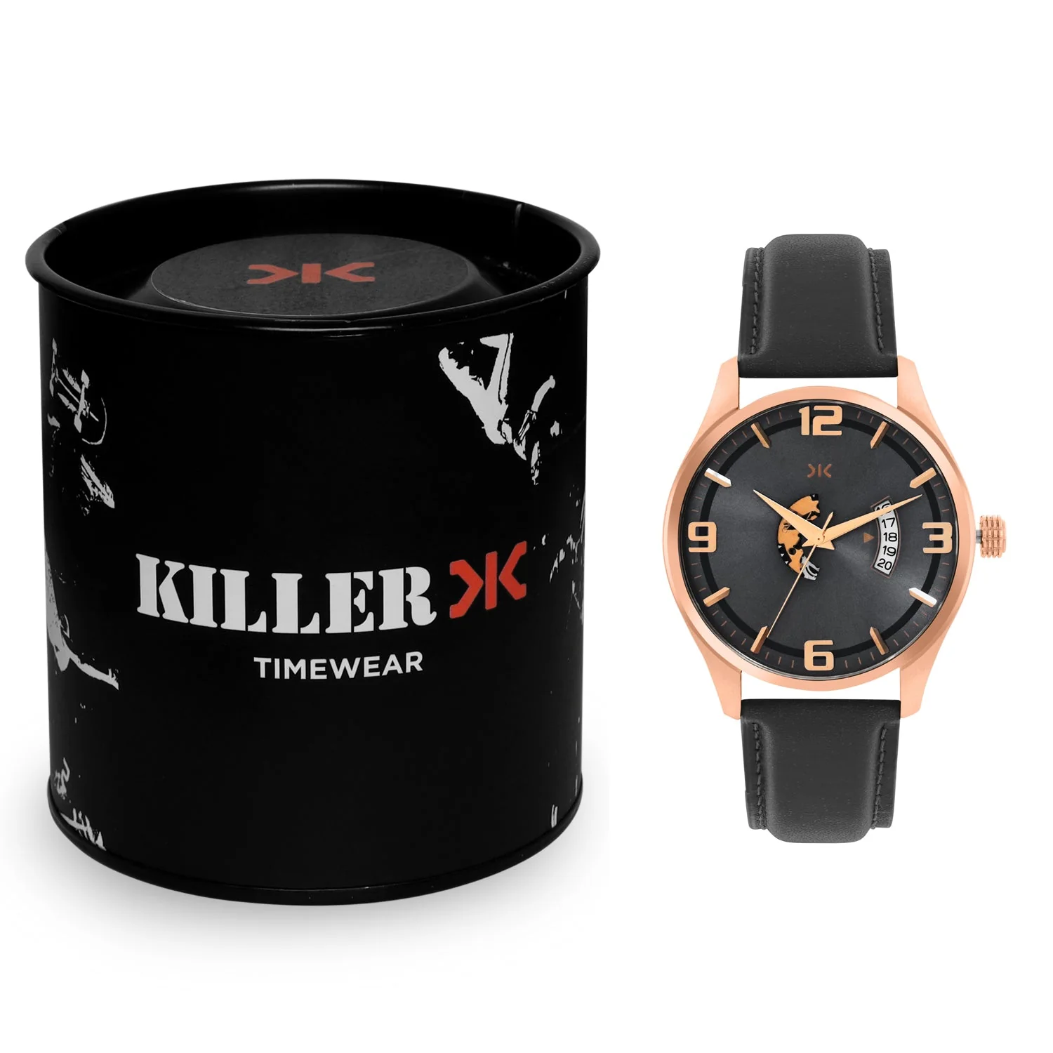 Men's Rose Gold Case, Black Skeleton Dial, Black Leather Strap, Date Watch KLMO103B - Image 5