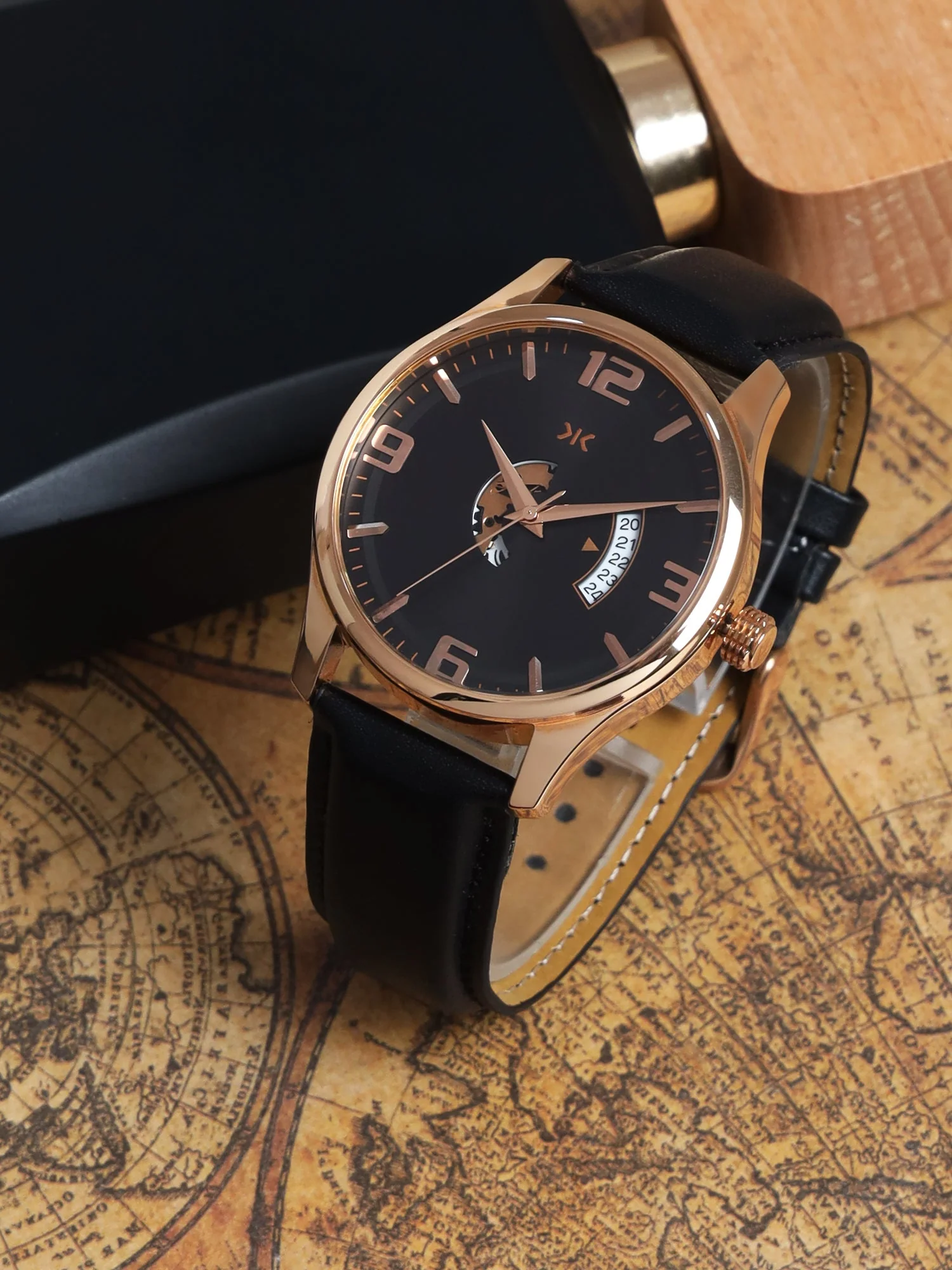 Men's Rose Gold Case, Black Skeleton Dial, Black Leather Strap, Date Watch KLMO103B - Image 6