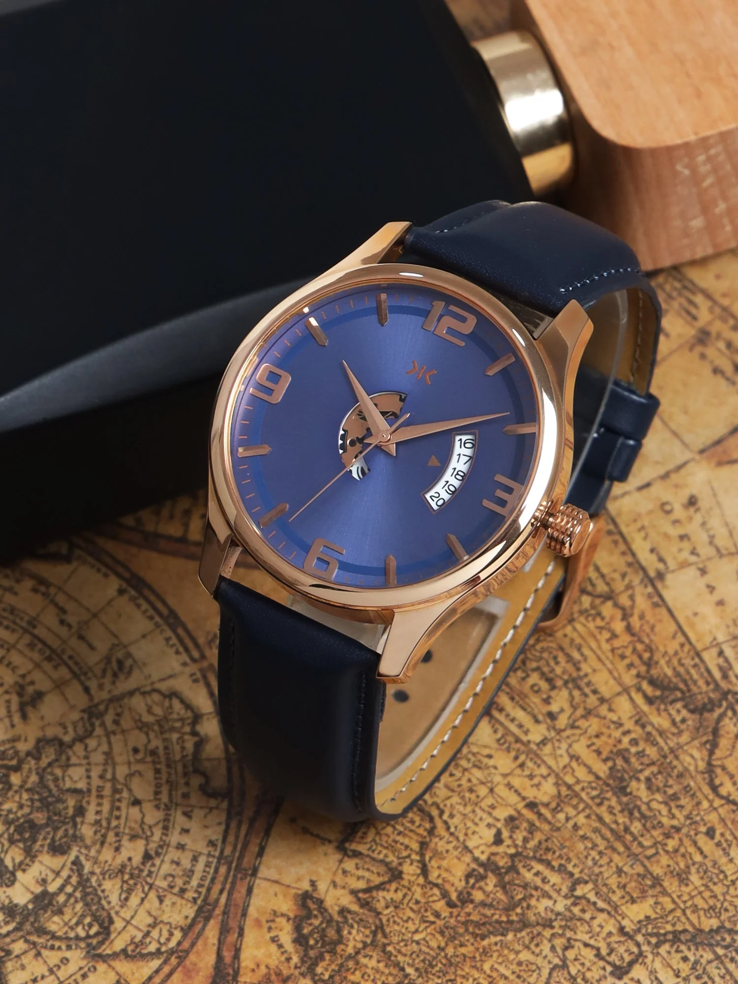 Men's Rose Gold Case, Blue Skeleton Dial, Blue Leather Strap, Date Watch KLMO103A - Image 6