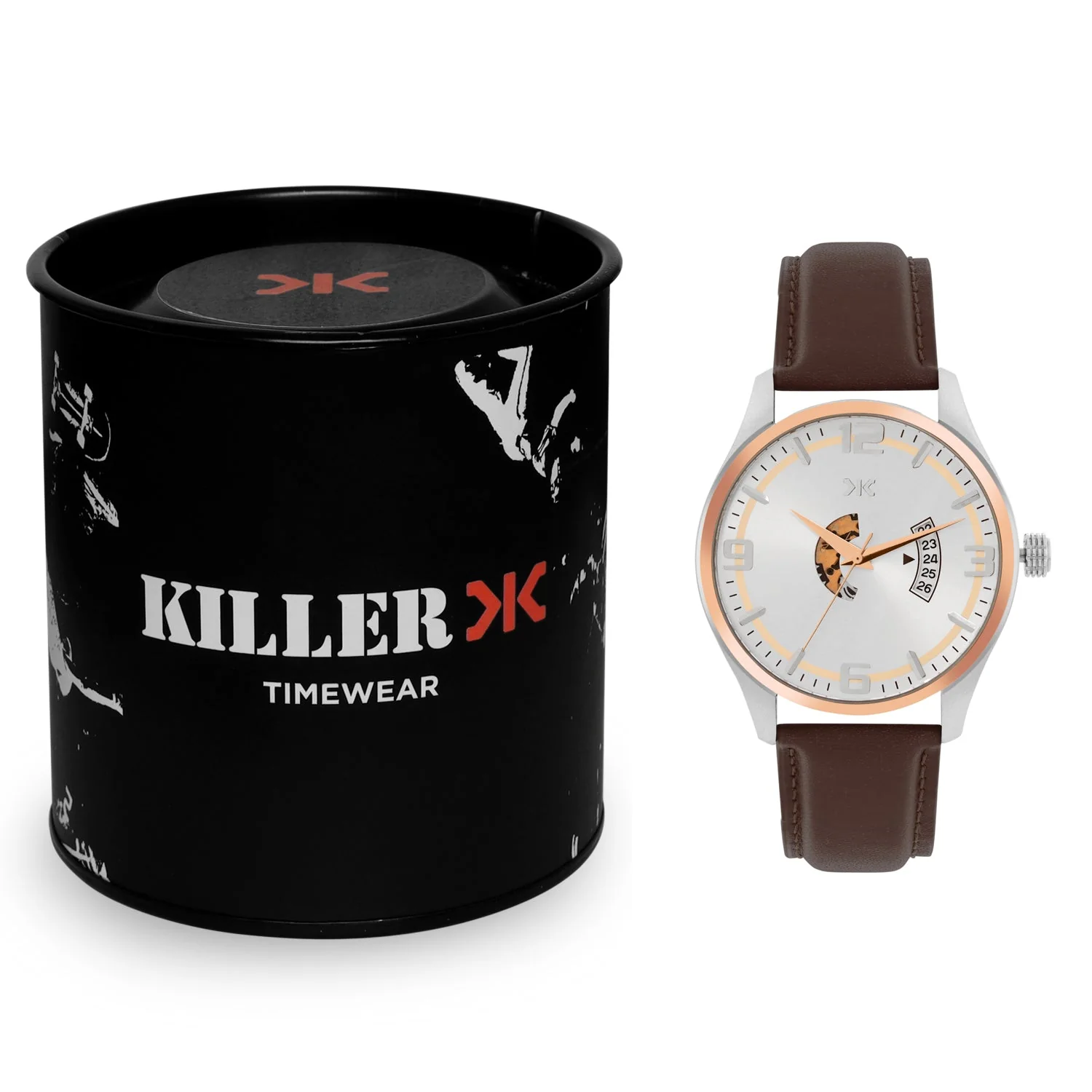 Men's Rose Gold Case, White Skeleton Dial, Brown Leather Strap, Date Watch KLMO103C - Image 5
