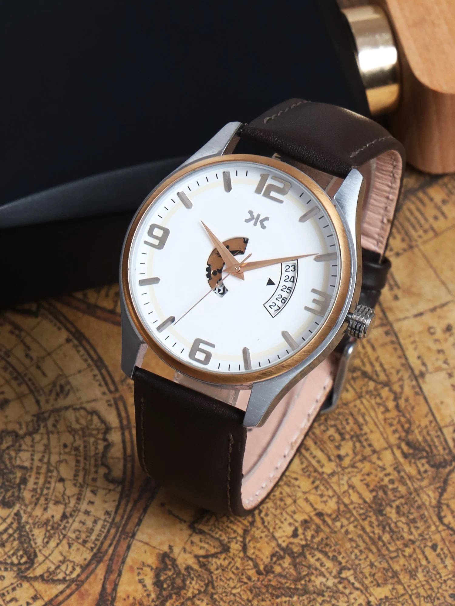 Men's Rose Gold Case, White Skeleton Dial, Brown Leather Strap, Date Watch KLMO103C - Image 6