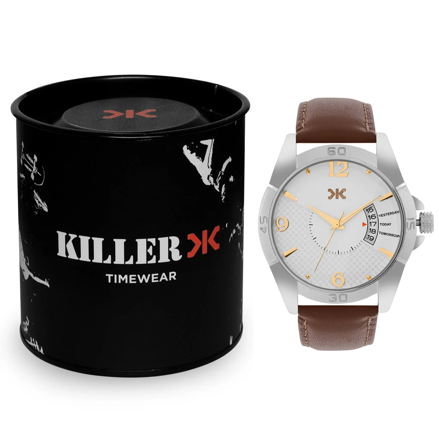 Men's Silver Case, Brown Leather Strap Date Watch KLMO104B - Image 5