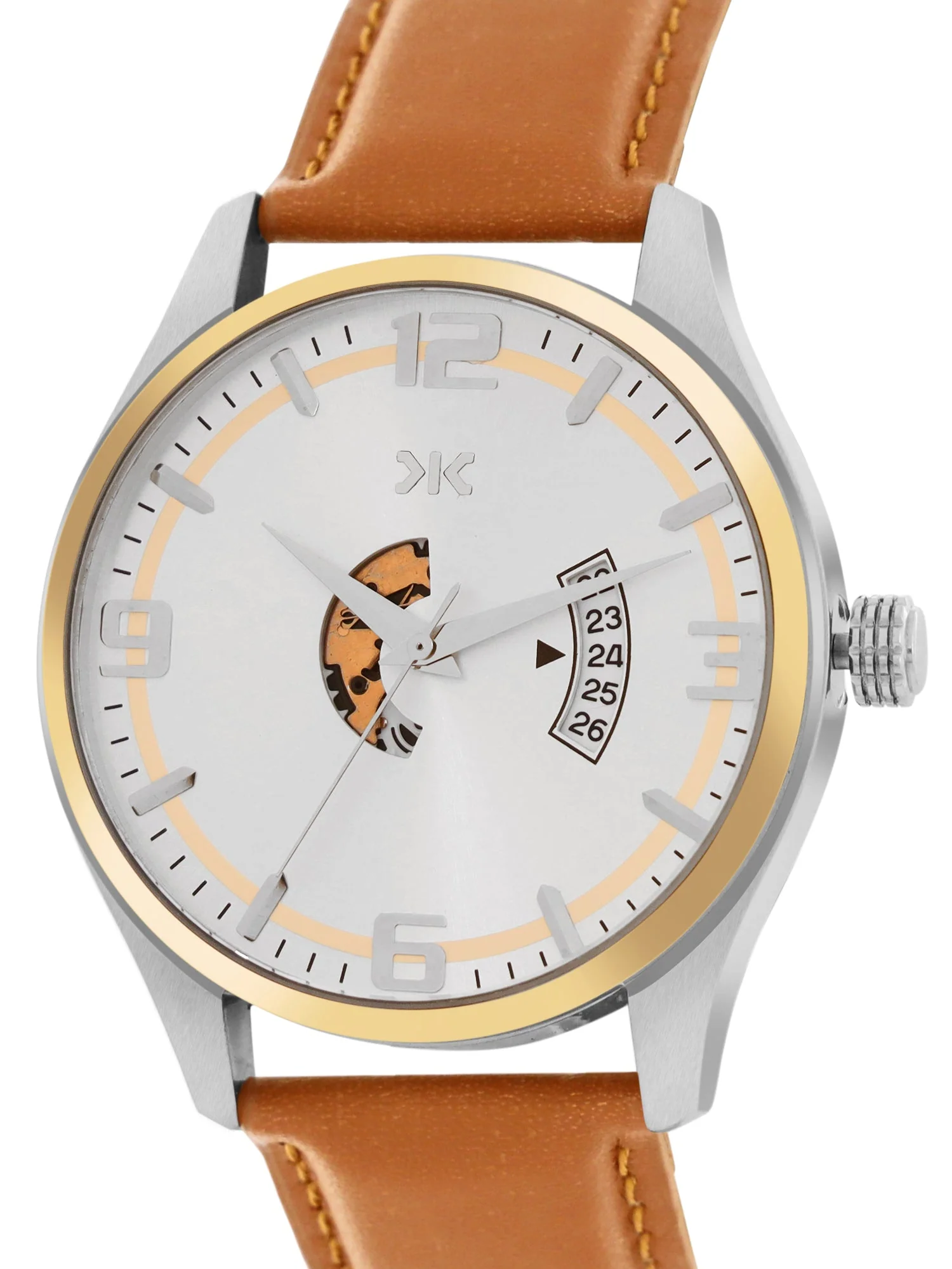 Men's Two-tone, Silver Skeleton Dial, Brown Leather Strap, Date Watch KLMO103D - Image 3