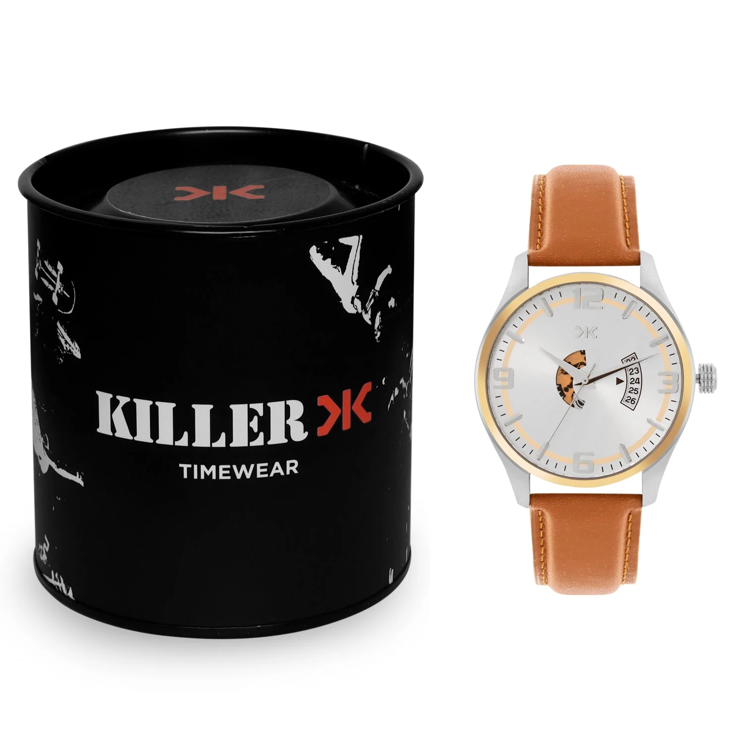 Men's Two-tone, Silver Skeleton Dial, Brown Leather Strap, Date Watch KLMO103D - Image 4