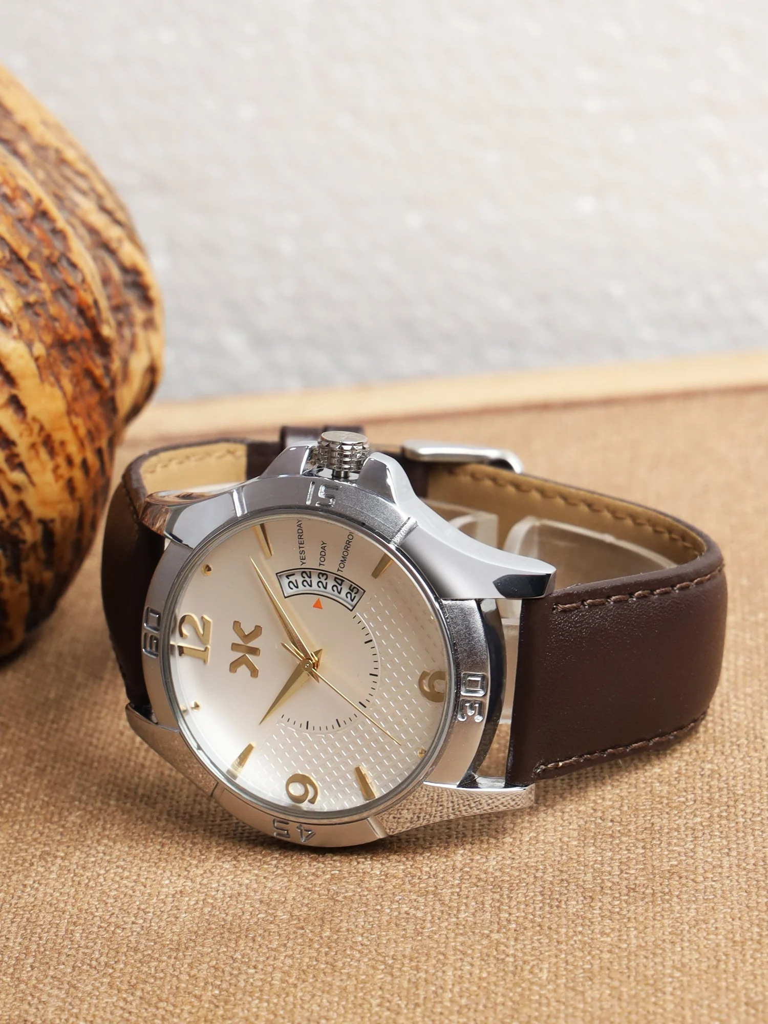 Men's Two-tone, Silver Skeleton Dial, Brown Leather Strap, Date Watch KLMO103D - Image 5