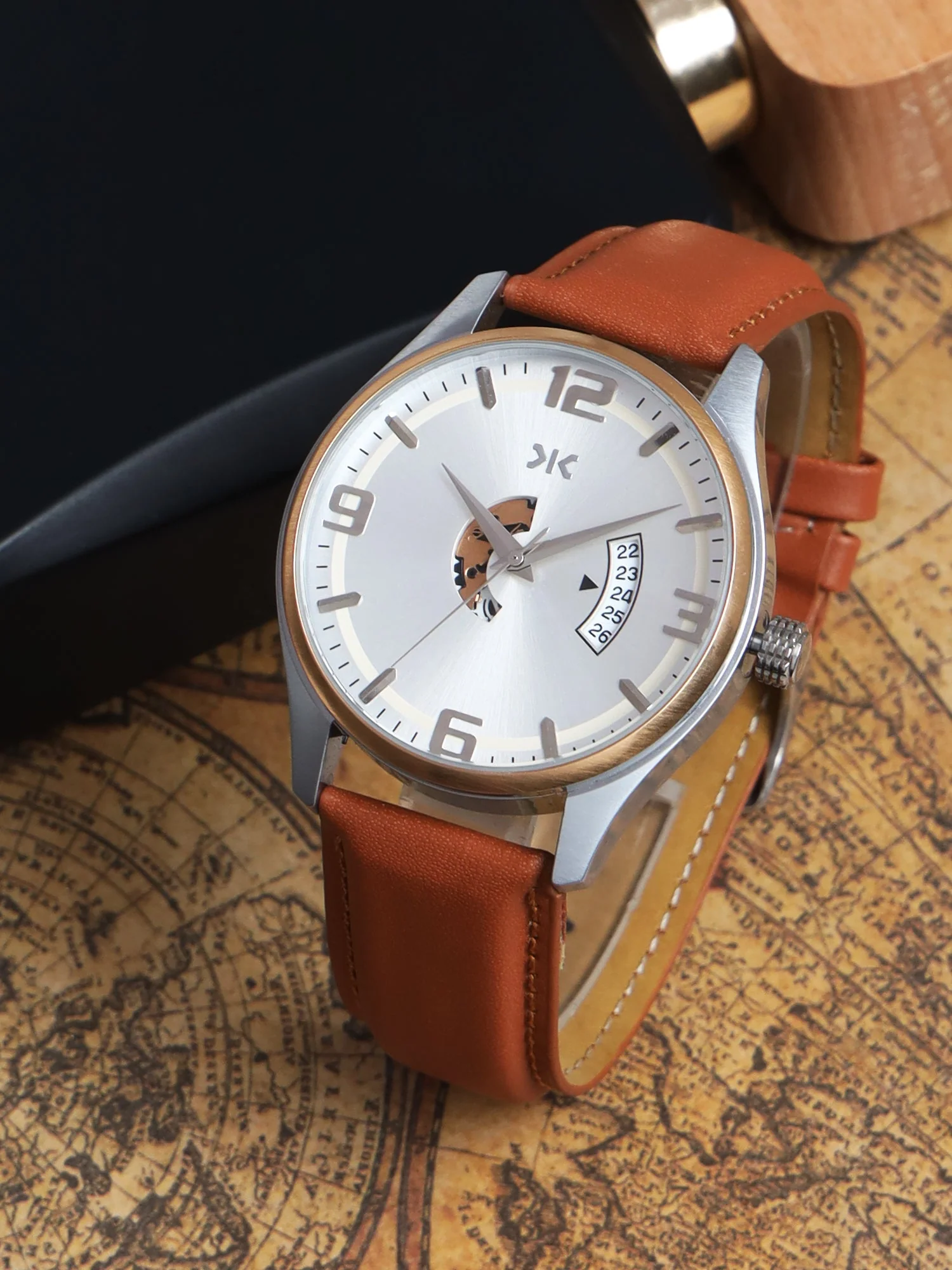 Men's Two-tone, Silver Skeleton Dial, Brown Leather Strap, Date Watch KLMO103D - Image 6
