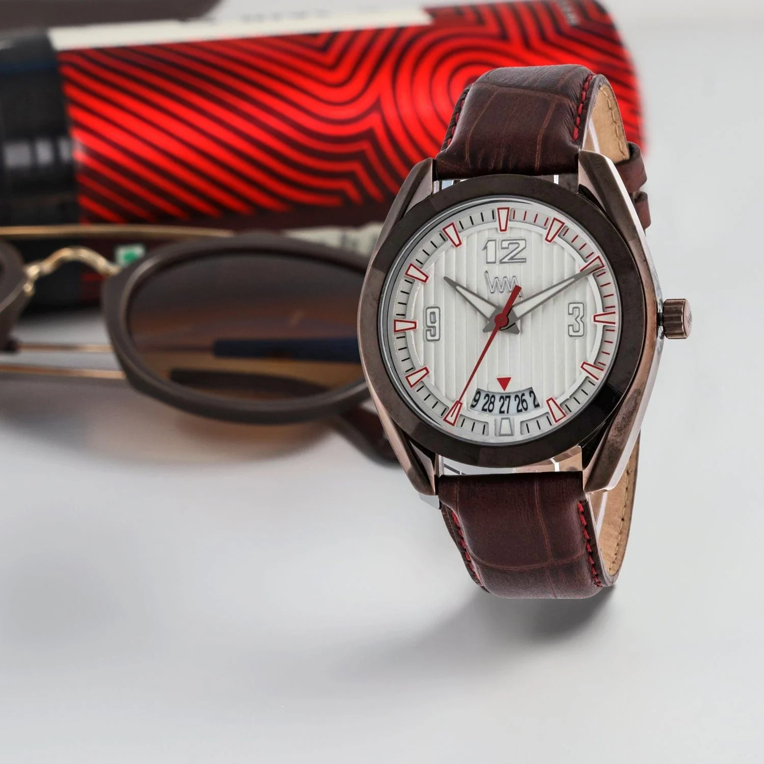 Men Brown Case, White Dial with Date Display, Brown Croco Leather Strap LWM113L - Image 5