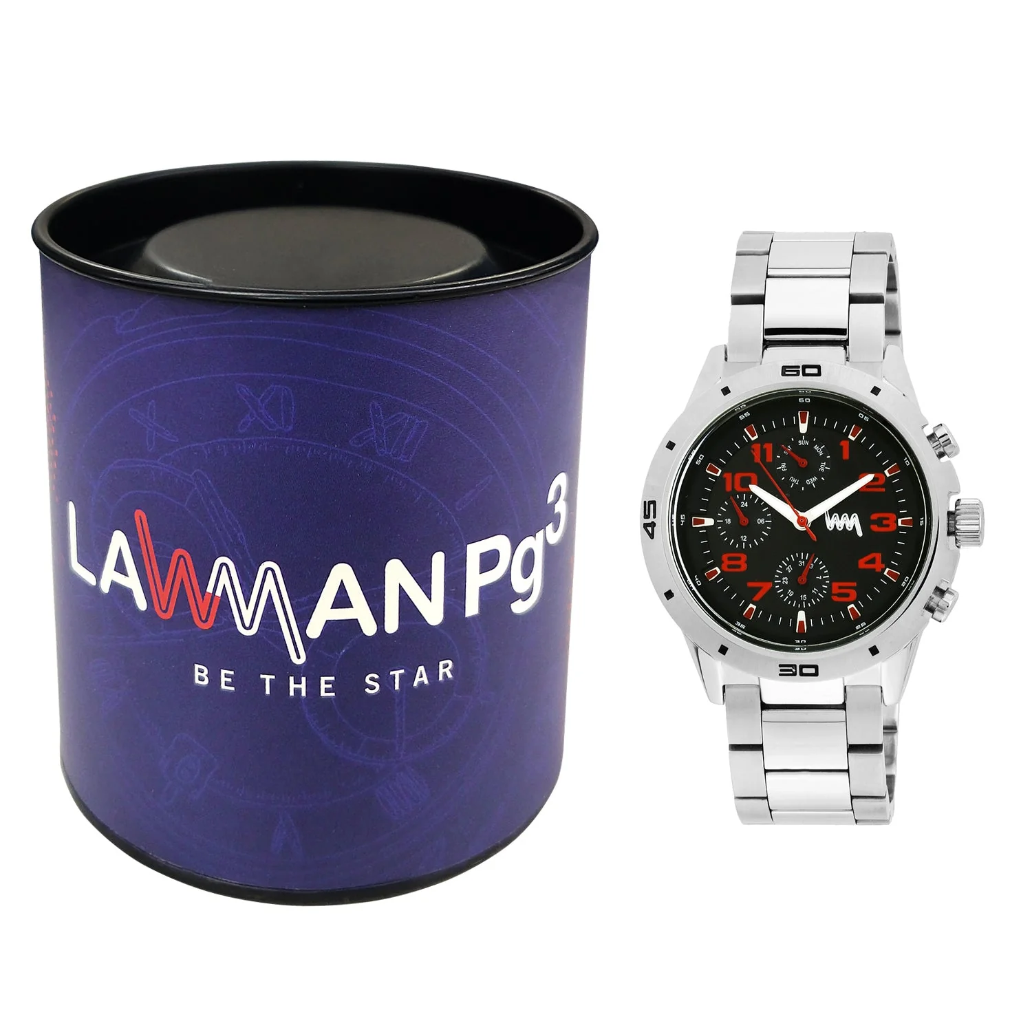 Men Multifunctional Silver Case, Black & Red Dial with Silver Stainless Steel Bracelet Watch LWM010002M - Image 5